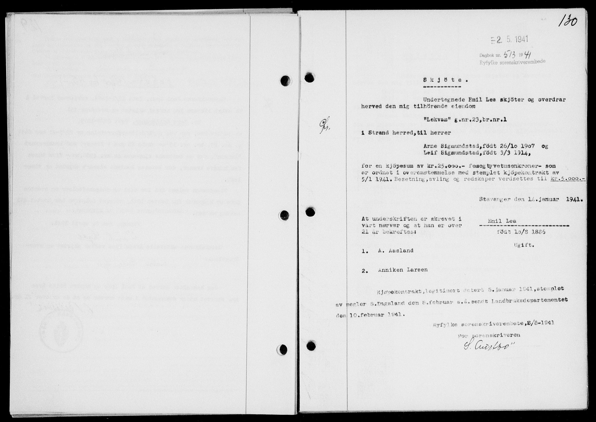 Ryfylke tingrett, SAST/A-100055/001/II/IIB/L0085: Mortgage book no. 64, 1941-1941, Diary no: : 513/1941
