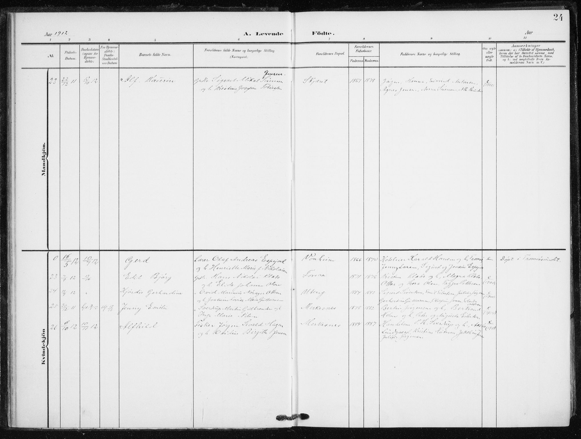 Tranøy sokneprestkontor, AV/SATØ-S-1313/I/Ia/Iaa/L0013kirke: Parish register (official) no. 13, 1905-1922, p. 24