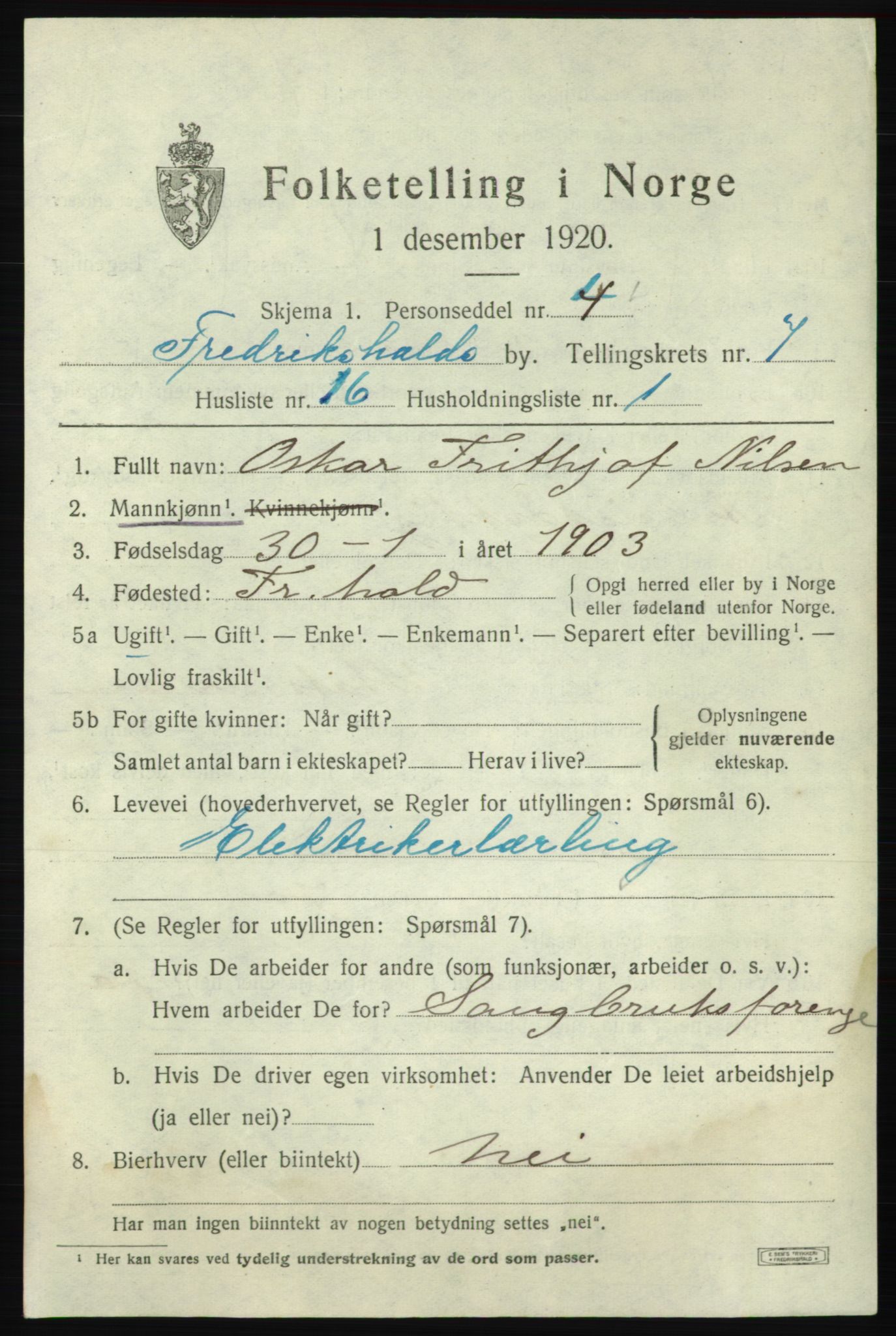 SAO, 1920 census for Fredrikshald, 1920, p. 14190