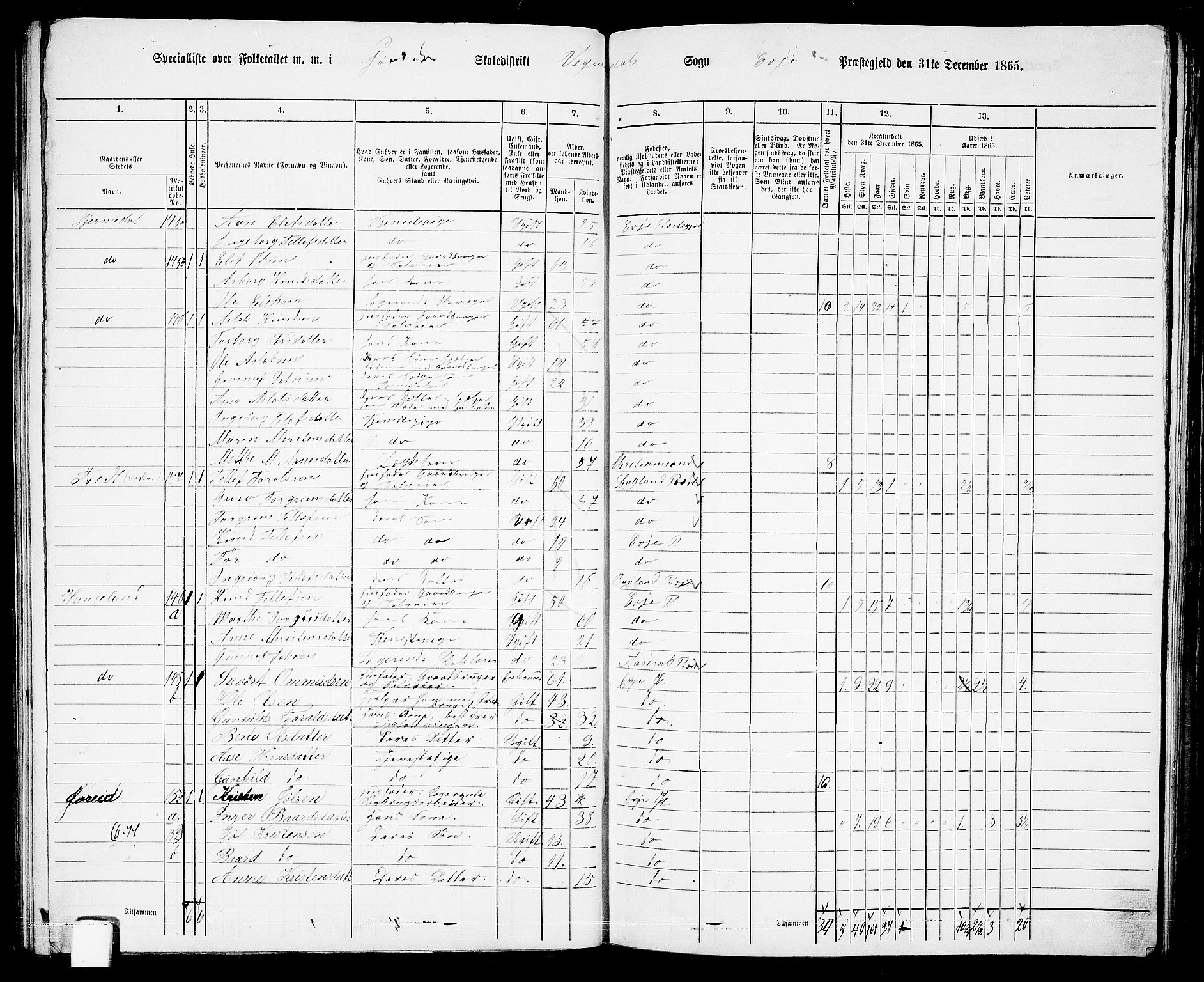 RA, 1865 census for Evje, 1865, p. 76