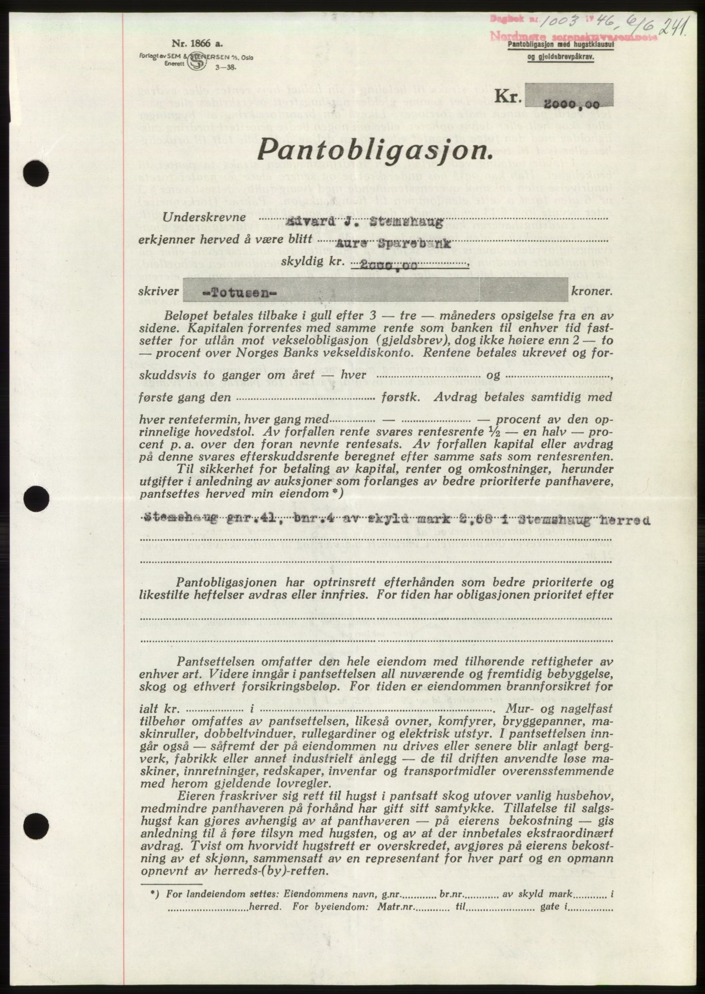 Nordmøre sorenskriveri, AV/SAT-A-4132/1/2/2Ca: Mortgage book no. B94, 1946-1946, Diary no: : 1003/1946