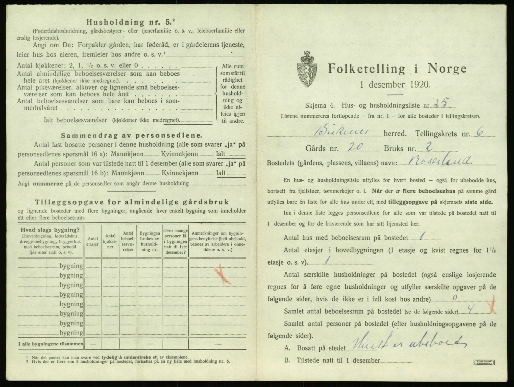 SAK, 1920 census for Birkenes, 1920, p. 623