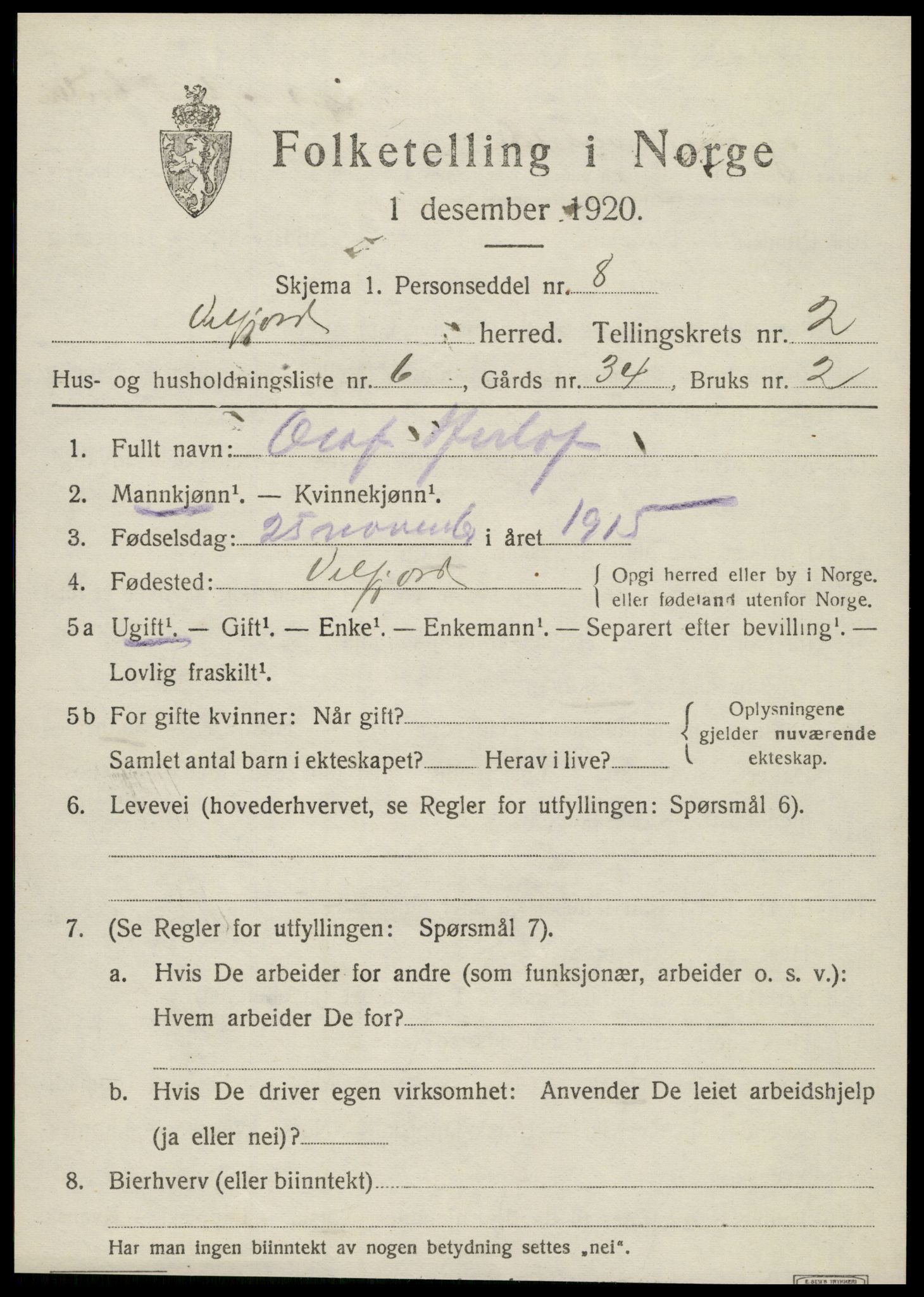 SAT, 1920 census for Velfjord, 1920, p. 1267