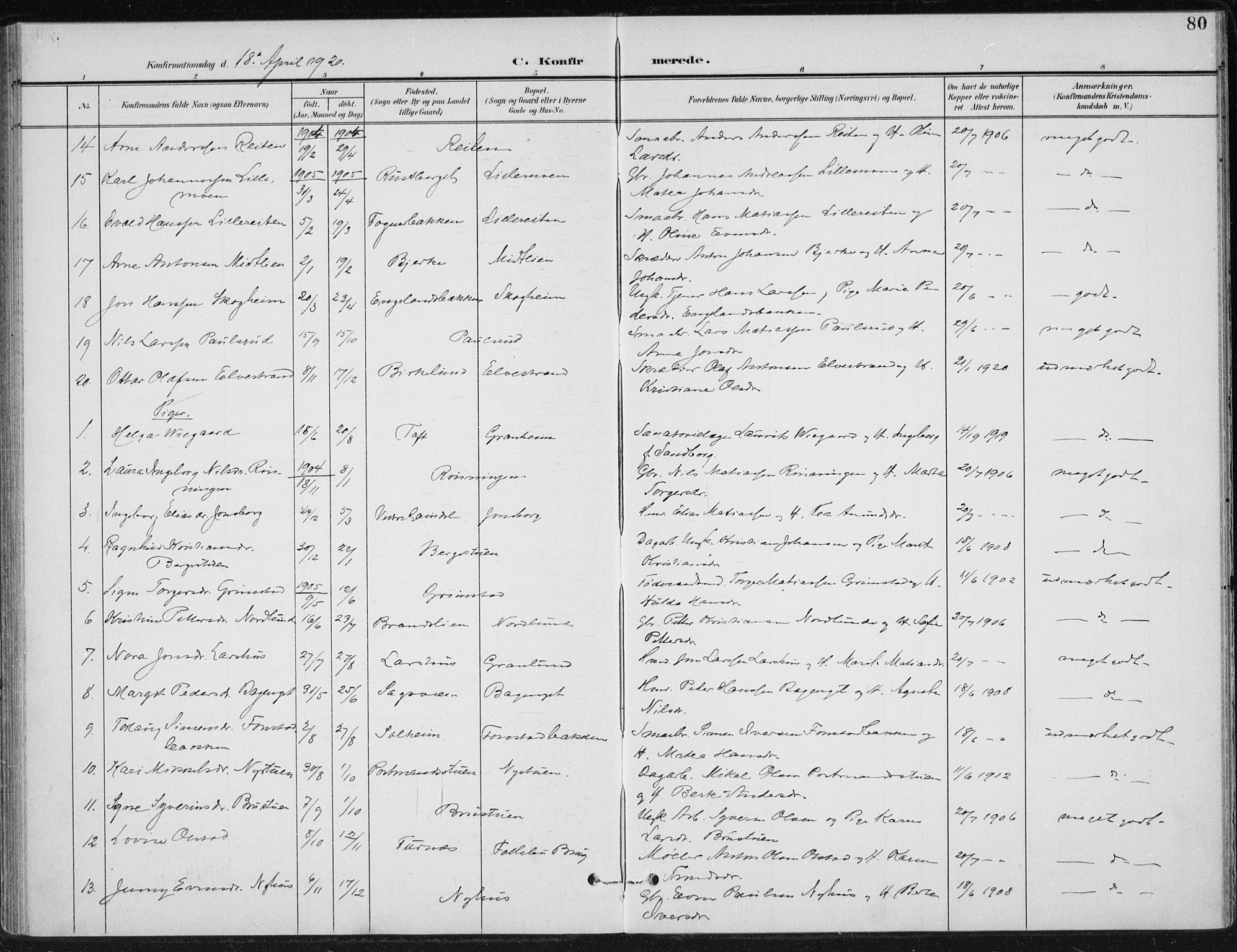 Østre Gausdal prestekontor, AV/SAH-PREST-092/H/Ha/Haa/L0005: Parish register (official) no. 5, 1902-1920, p. 80
