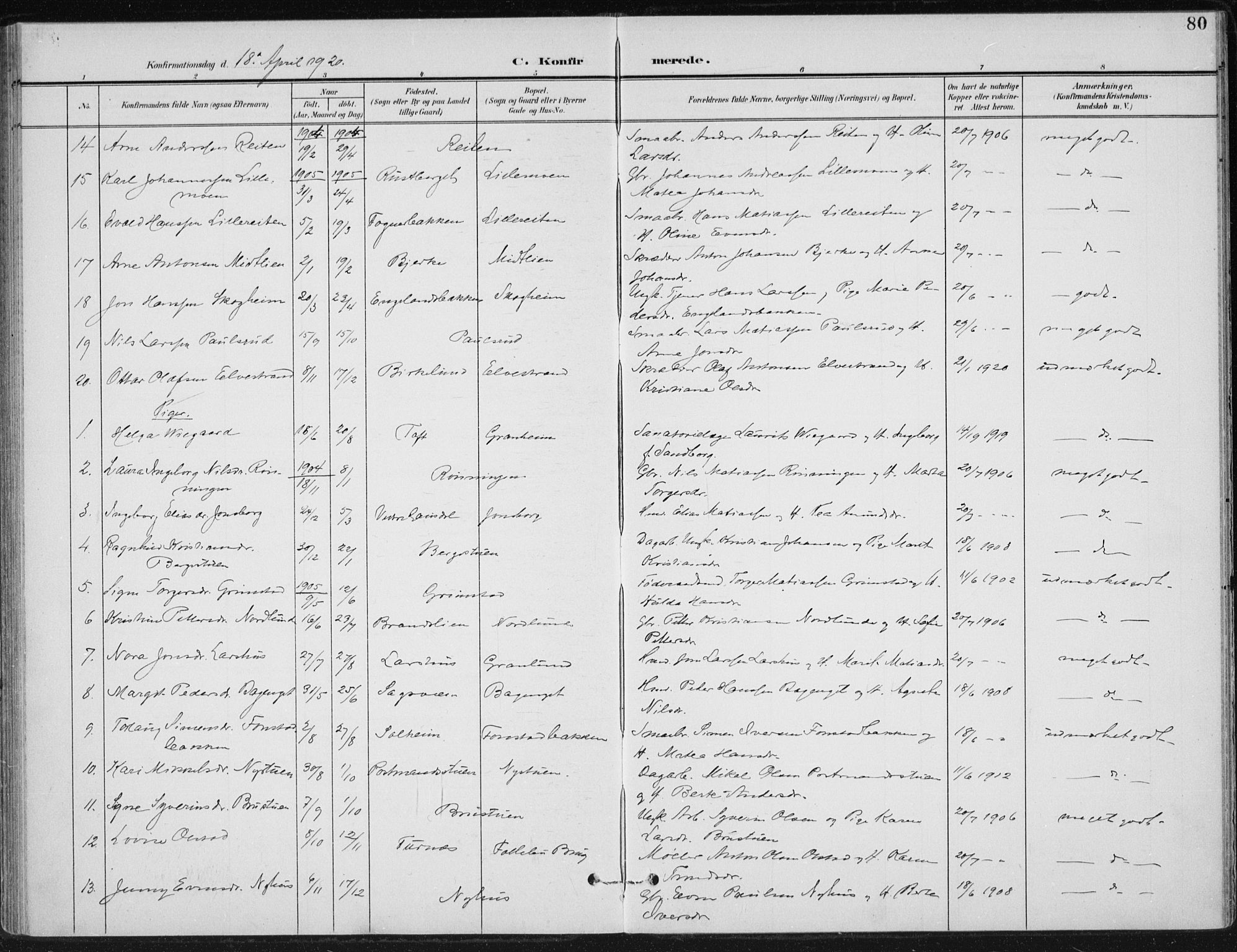 Østre Gausdal prestekontor, SAH/PREST-092/H/Ha/Haa/L0005: Parish register (official) no. 5, 1902-1920, p. 80