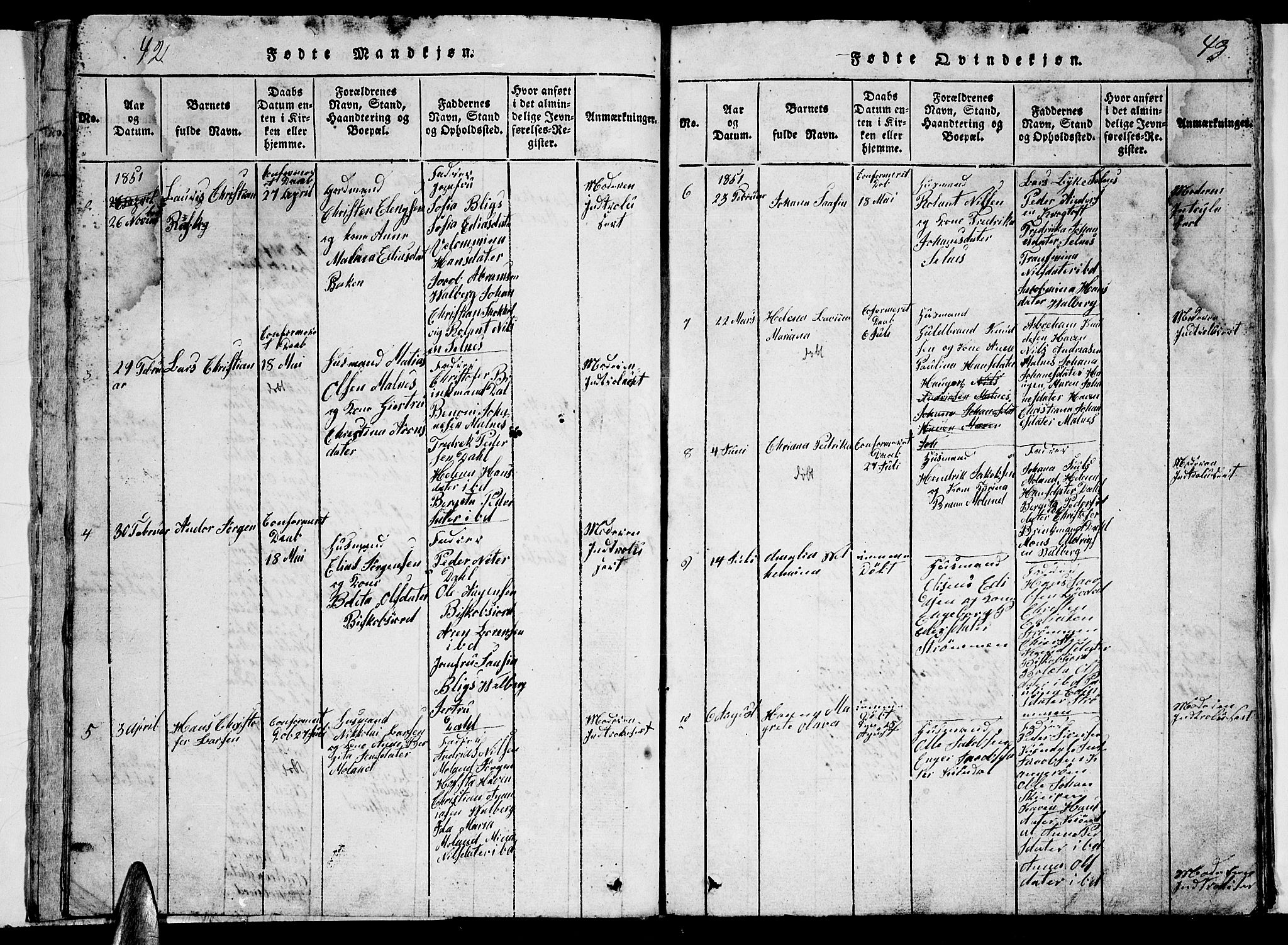 Ministerialprotokoller, klokkerbøker og fødselsregistre - Nordland, AV/SAT-A-1459/884/L1195: Parish register (copy) no. 884C01, 1837-1867, p. 42-43