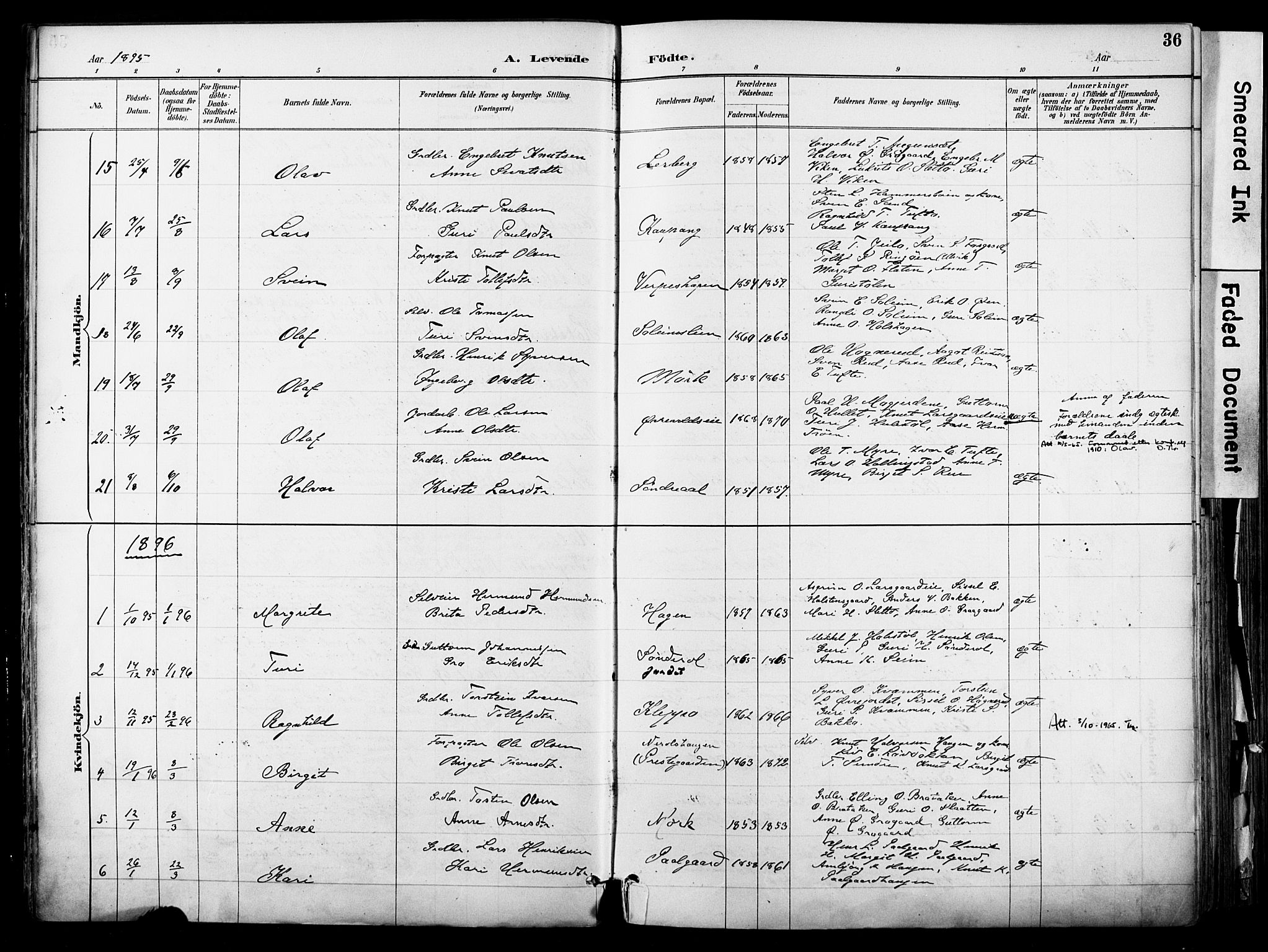 Hol kirkebøker, AV/SAKO-A-227/F/Fa/L0003: Parish register (official) no. I 3, 1887-1918, p. 36