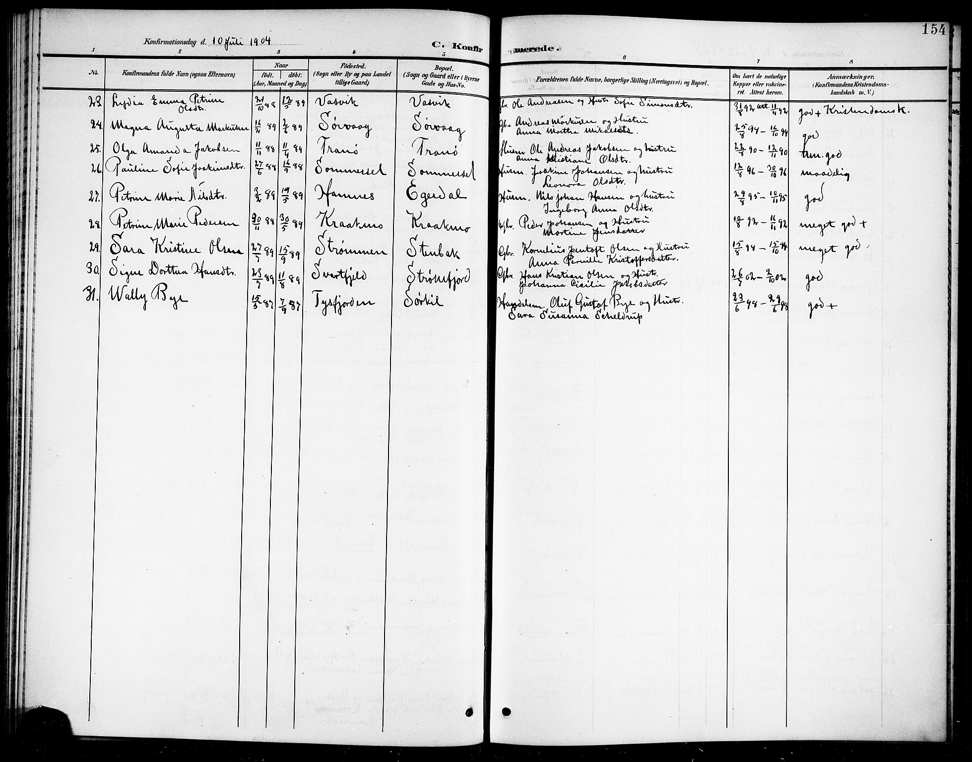 Ministerialprotokoller, klokkerbøker og fødselsregistre - Nordland, AV/SAT-A-1459/859/L0860: Parish register (copy) no. 859C06, 1899-1909, p. 154