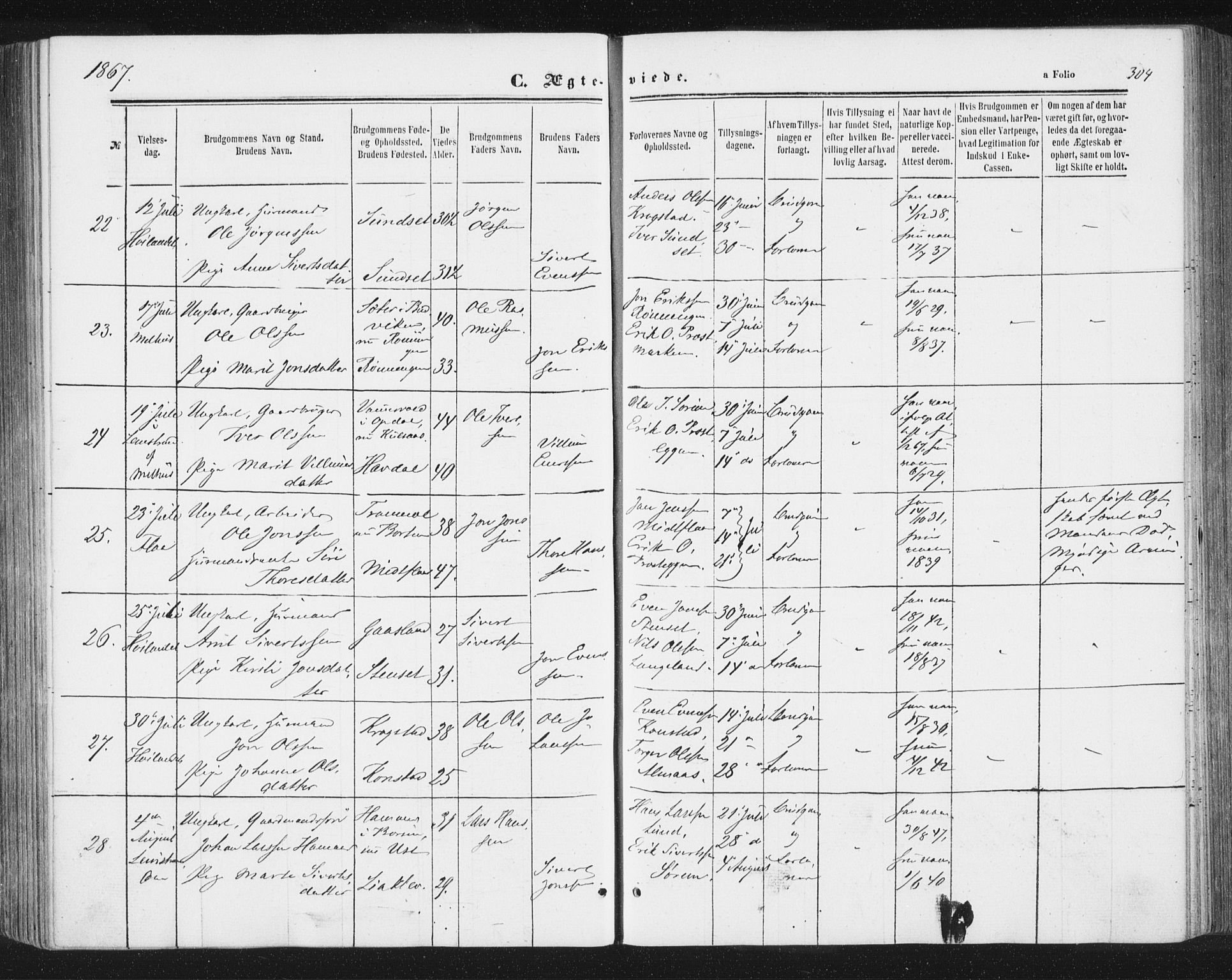Ministerialprotokoller, klokkerbøker og fødselsregistre - Sør-Trøndelag, SAT/A-1456/691/L1077: Parish register (official) no. 691A09, 1862-1873, p. 304