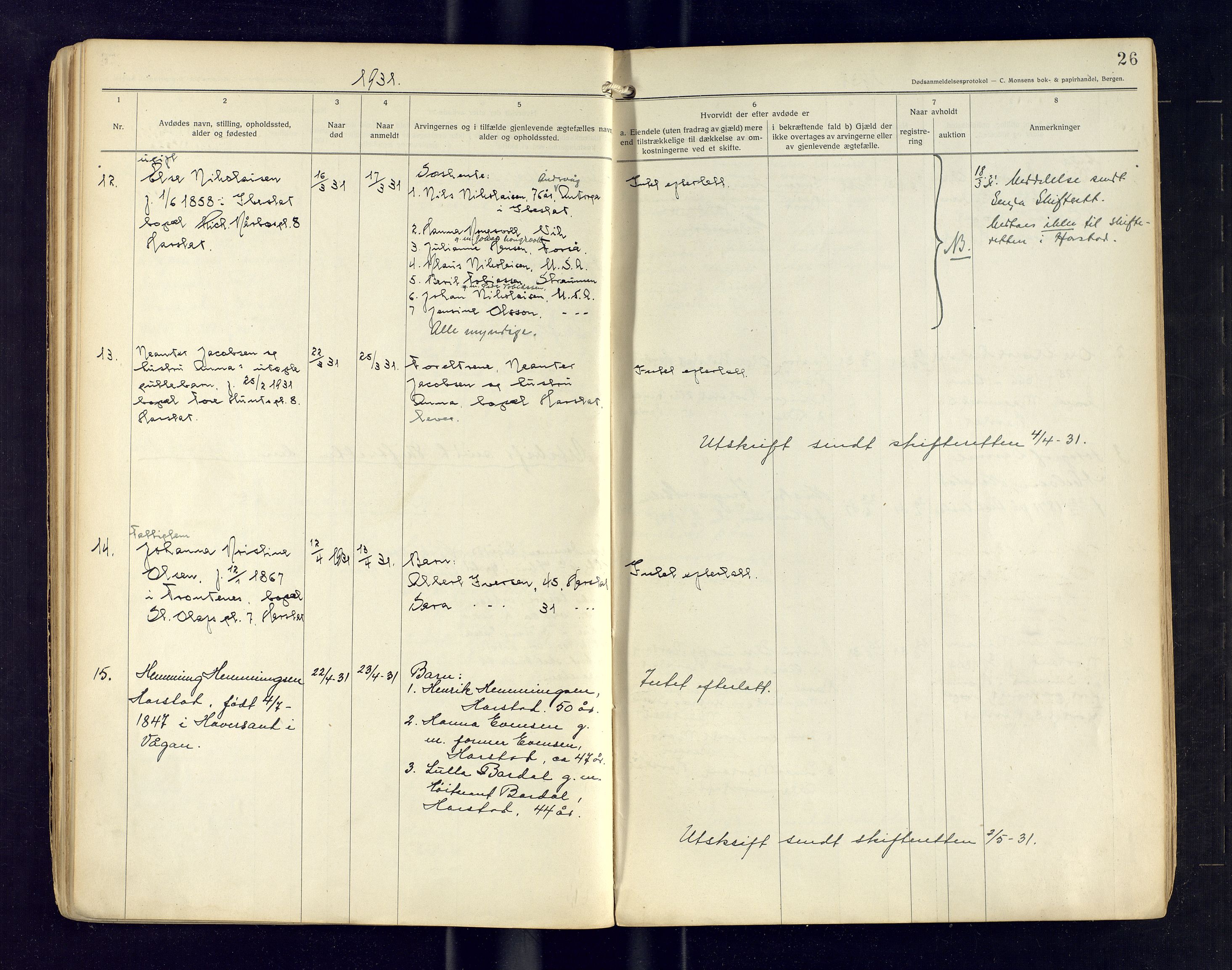 Harstad lensmannskontor, AV/SATØ-SATØ-10/F/Fi/Fia/L0484: Dødsfallsprotokoller. Harstad, 1927-1939, p. 26