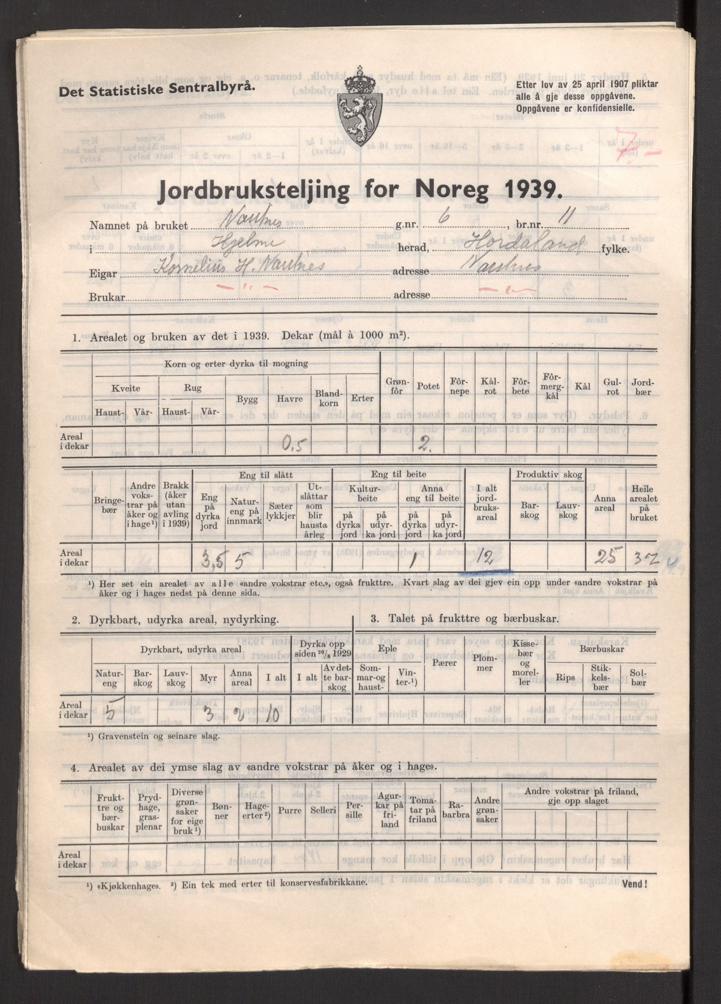 Statistisk sentralbyrå, Næringsøkonomiske emner, Jordbruk, skogbruk, jakt, fiske og fangst, AV/RA-S-2234/G/Gb/L0211: Hordaland: Herdla, Hjelme og Manger, 1939, p. 1261