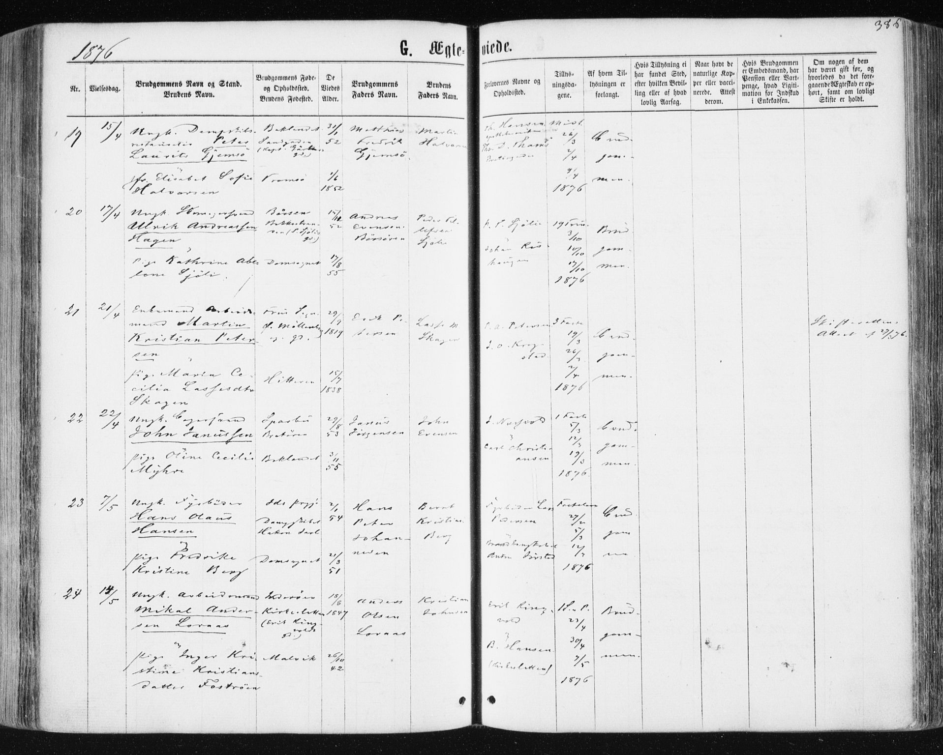 Ministerialprotokoller, klokkerbøker og fødselsregistre - Sør-Trøndelag, AV/SAT-A-1456/604/L0186: Parish register (official) no. 604A07, 1866-1877, p. 386