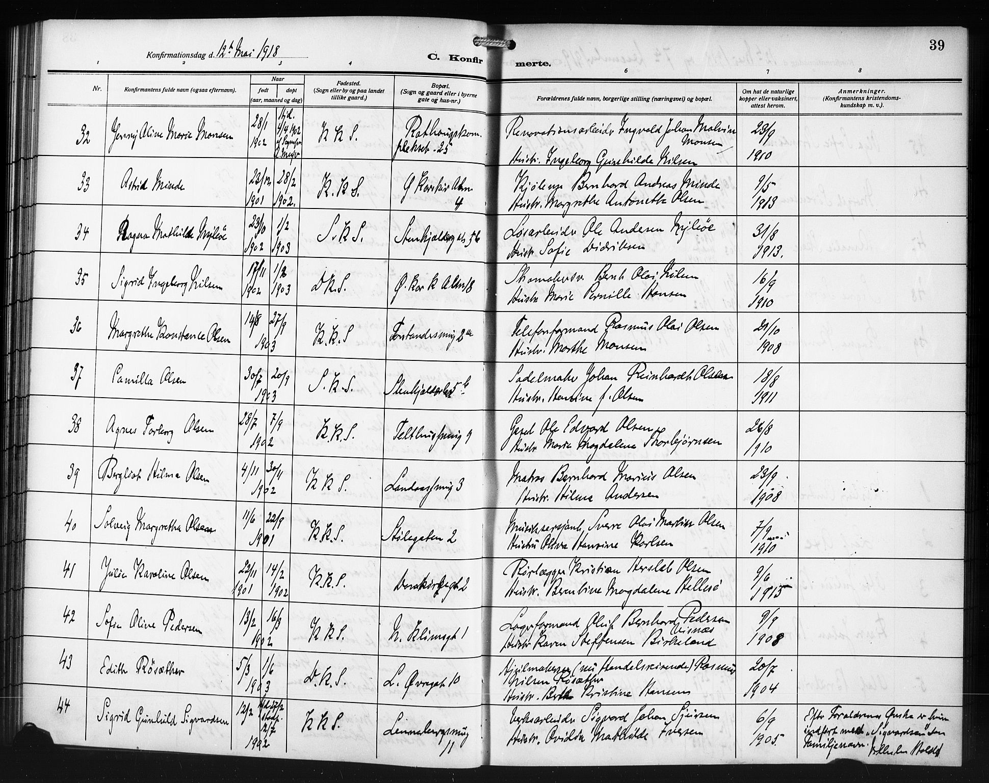 Korskirken sokneprestembete, AV/SAB-A-76101/H/Haa/L0072: Curate's parish register no. A 7, 1913-1920, p. 39