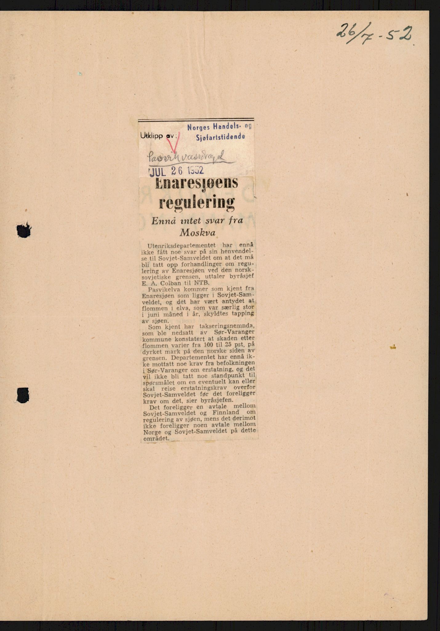 Vassdragsdirektoratet/avdelingen, AV/RA-S-6242/F/Fa/L0537: Pasvikelva, 1932-1955, p. 879