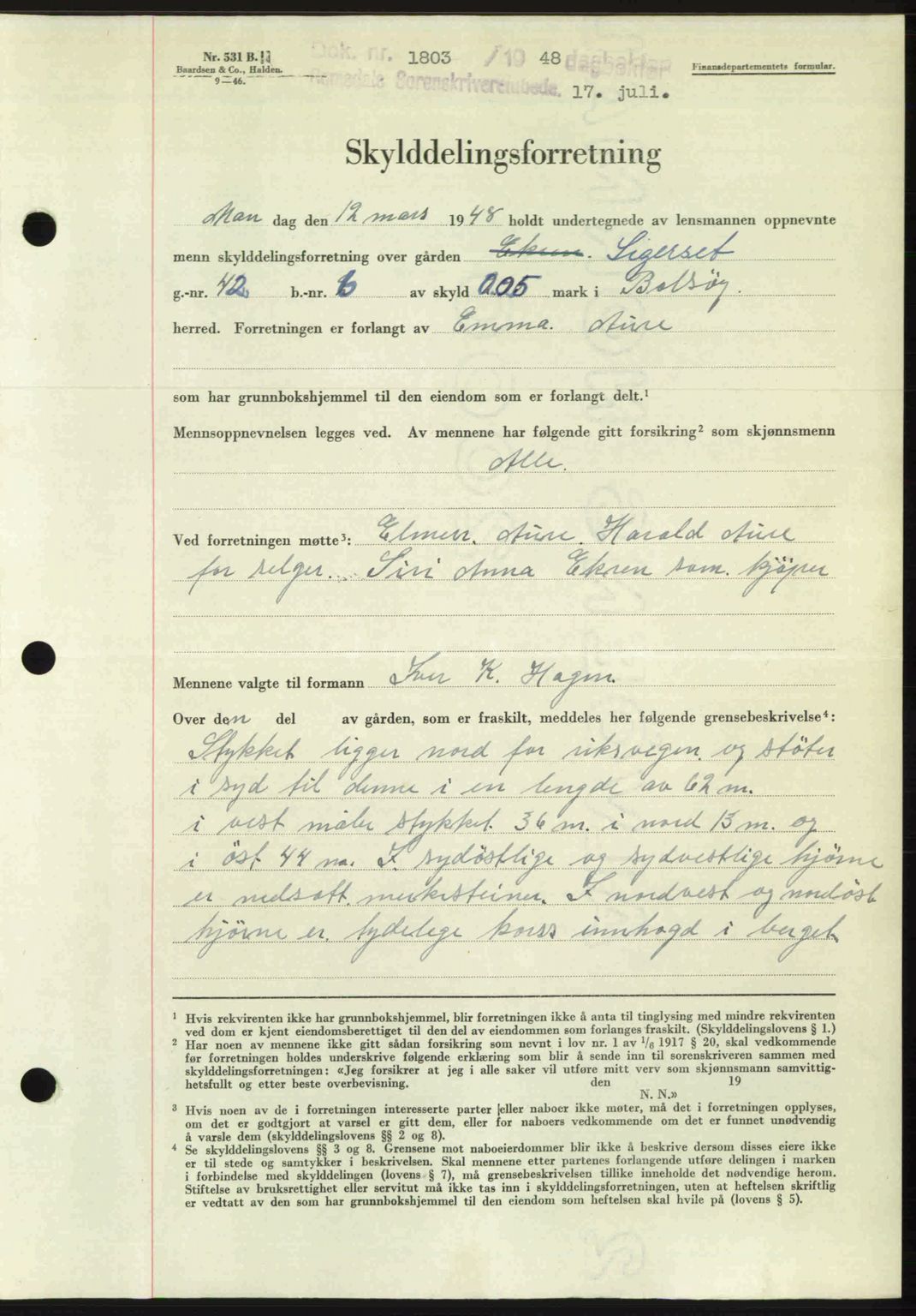 Romsdal sorenskriveri, AV/SAT-A-4149/1/2/2C: Mortgage book no. A26, 1948-1948, Diary no: : 1803/1948