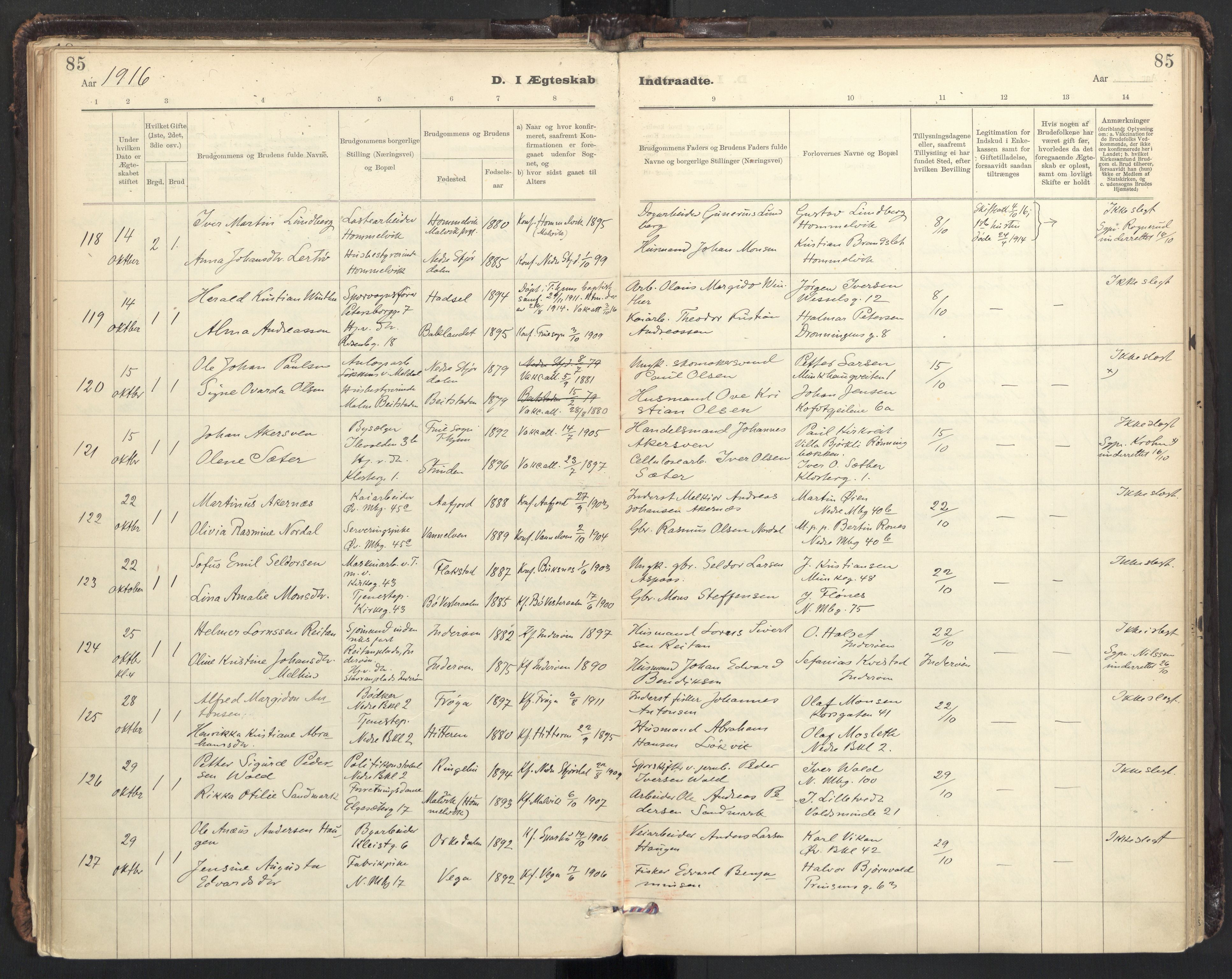 Ministerialprotokoller, klokkerbøker og fødselsregistre - Sør-Trøndelag, SAT/A-1456/604/L0204: Parish register (official) no. 604A24, 1911-1920, p. 85