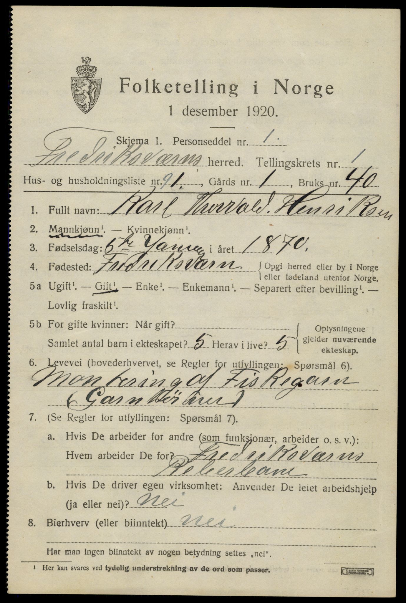 SAKO, 1920 census for Fredriksvern, 1920, p. 945