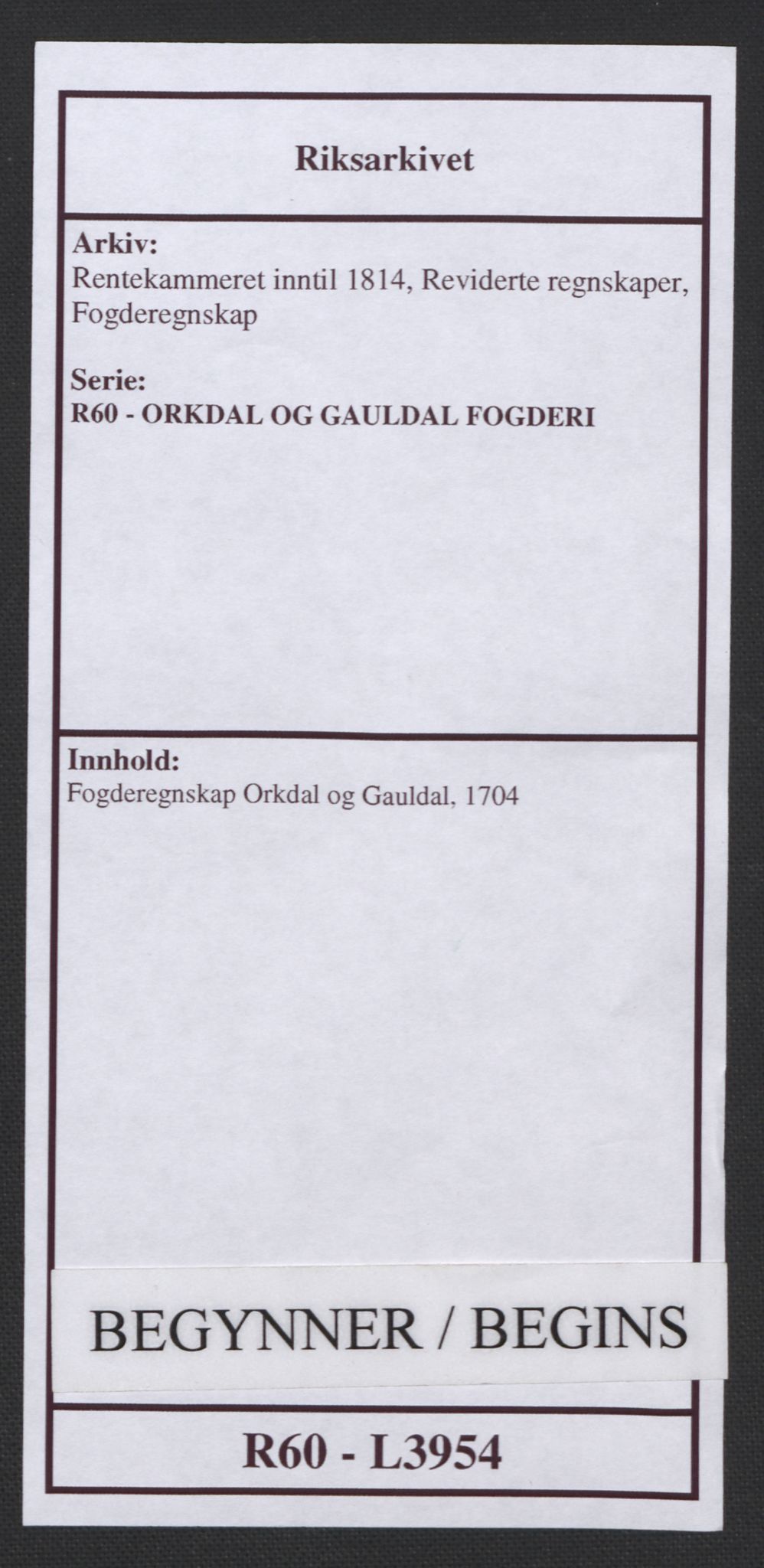 Rentekammeret inntil 1814, Reviderte regnskaper, Fogderegnskap, AV/RA-EA-4092/R60/L3954: Fogderegnskap Orkdal og Gauldal, 1704, p. 1