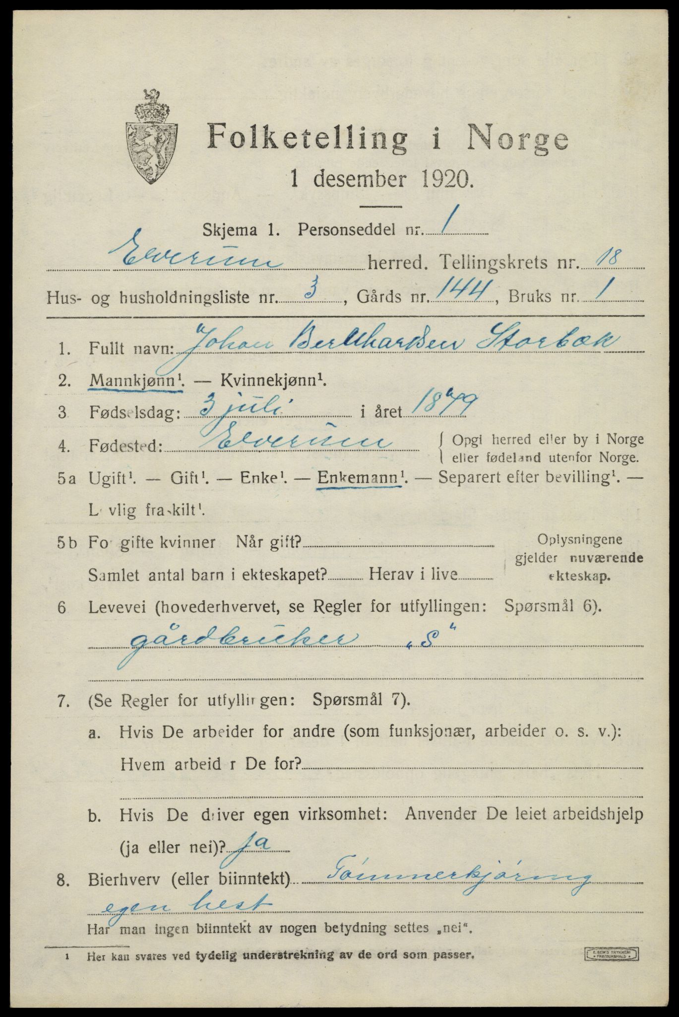 SAH, 1920 census for Elverum, 1920, p. 22096