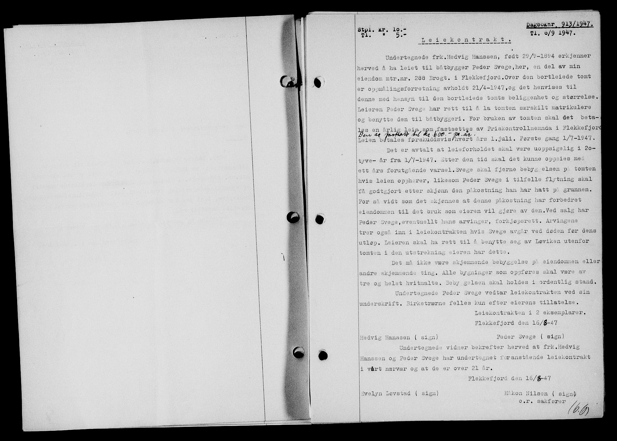 Flekkefjord sorenskriveri, SAK/1221-0001/G/Gb/Gba/L0062: Mortgage book no. A-10, 1947-1947, Diary no: : 913/1947
