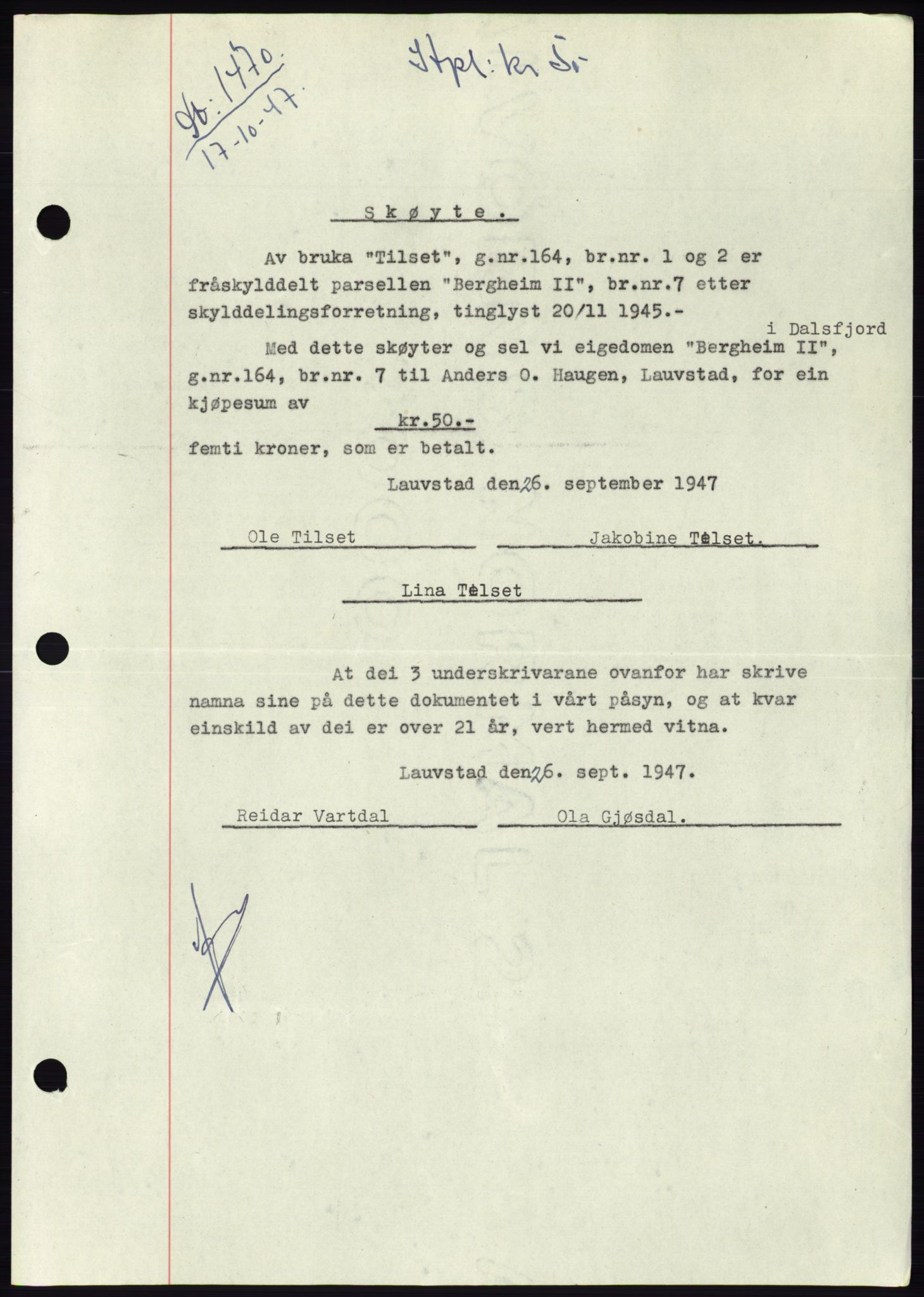 Søre Sunnmøre sorenskriveri, AV/SAT-A-4122/1/2/2C/L0081: Mortgage book no. 7A, 1947-1948, Diary no: : 1470/1947