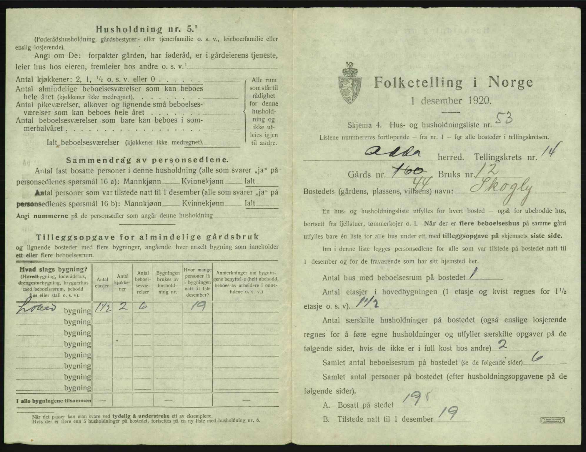 SAB, 1920 census for Odda, 1920, p. 1254