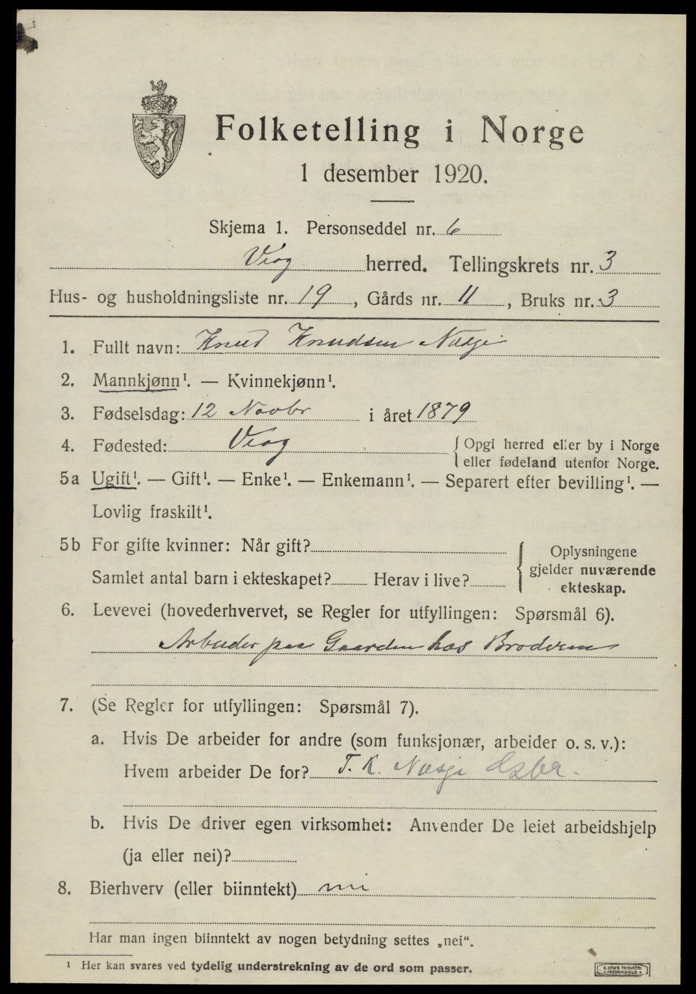 SAT, 1920 census for Veøy, 1920, p. 1665