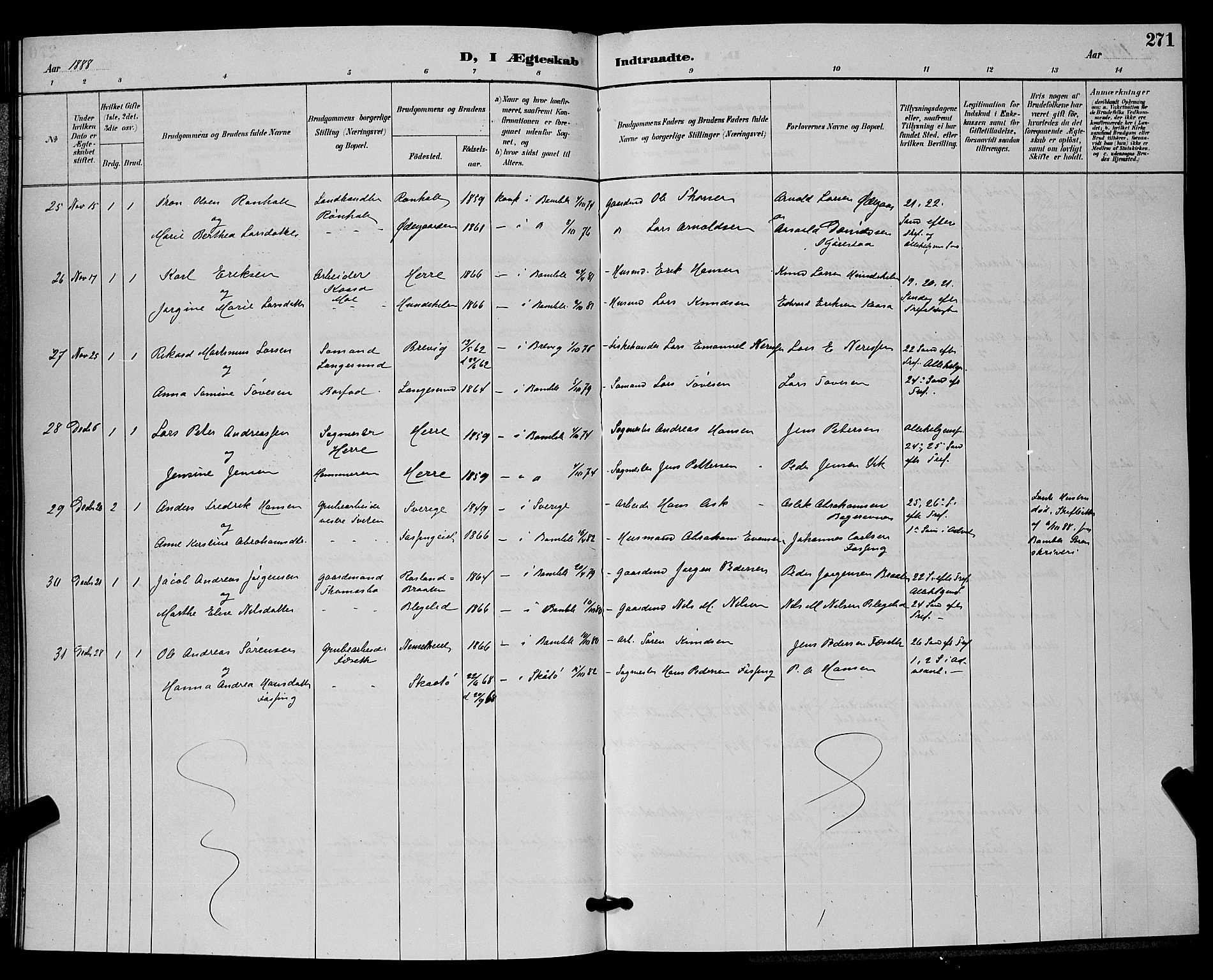 Bamble kirkebøker, AV/SAKO-A-253/G/Ga/L0009: Parish register (copy) no. I 9, 1888-1900, p. 271