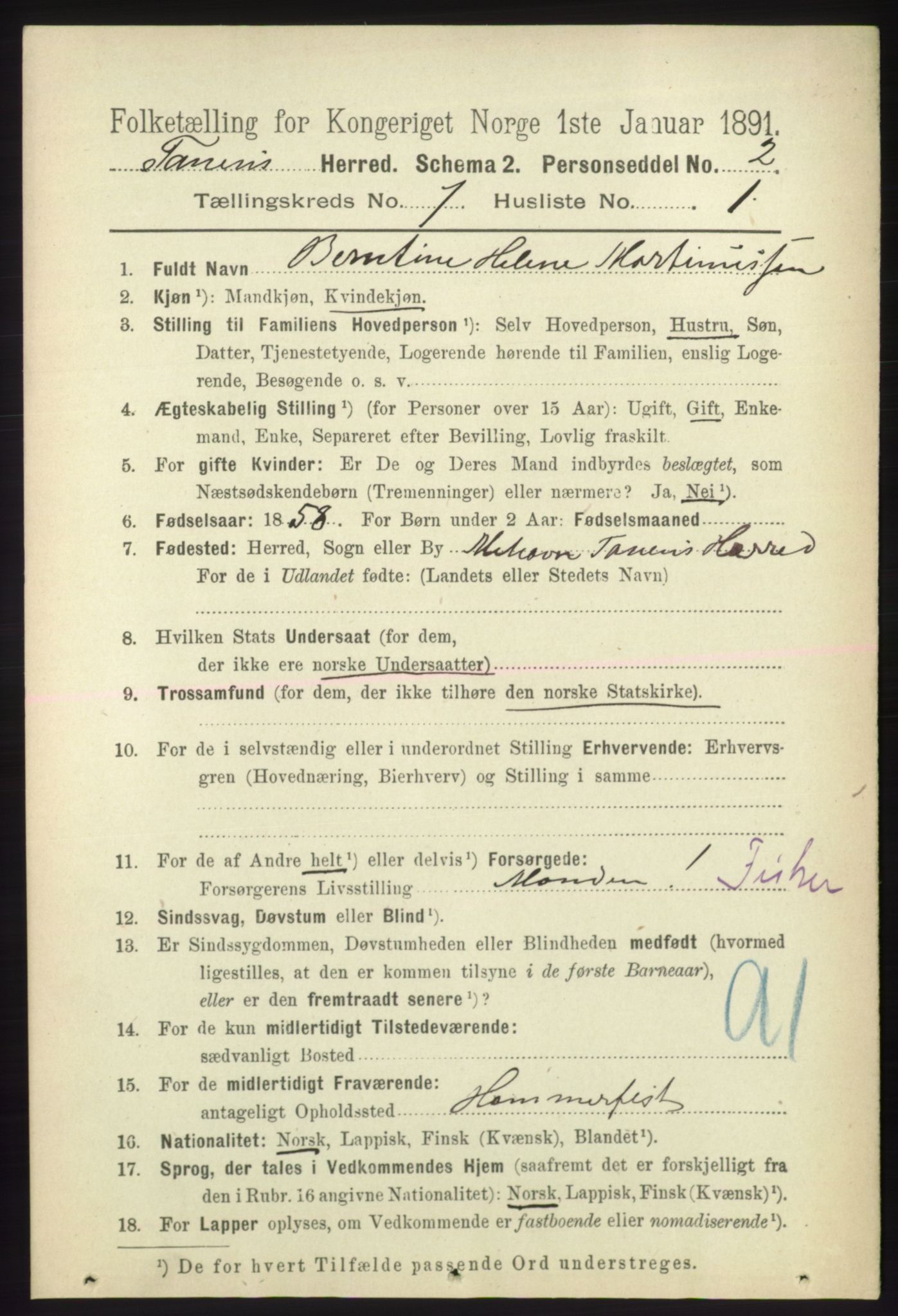 RA, 1891 census for 2025 Tana, 1891, p. 3088