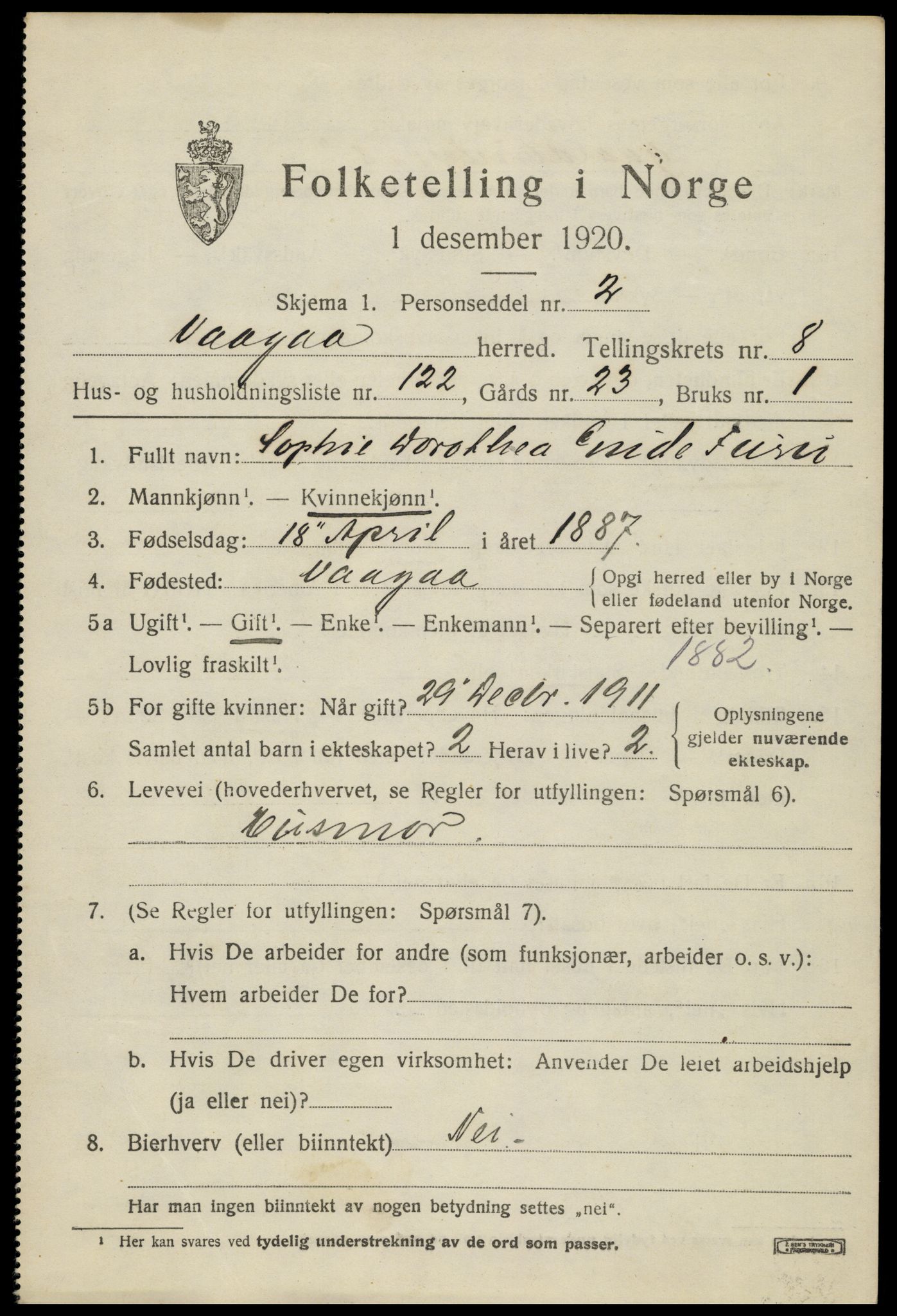 SAH, 1920 census for Vågå, 1920, p. 7326