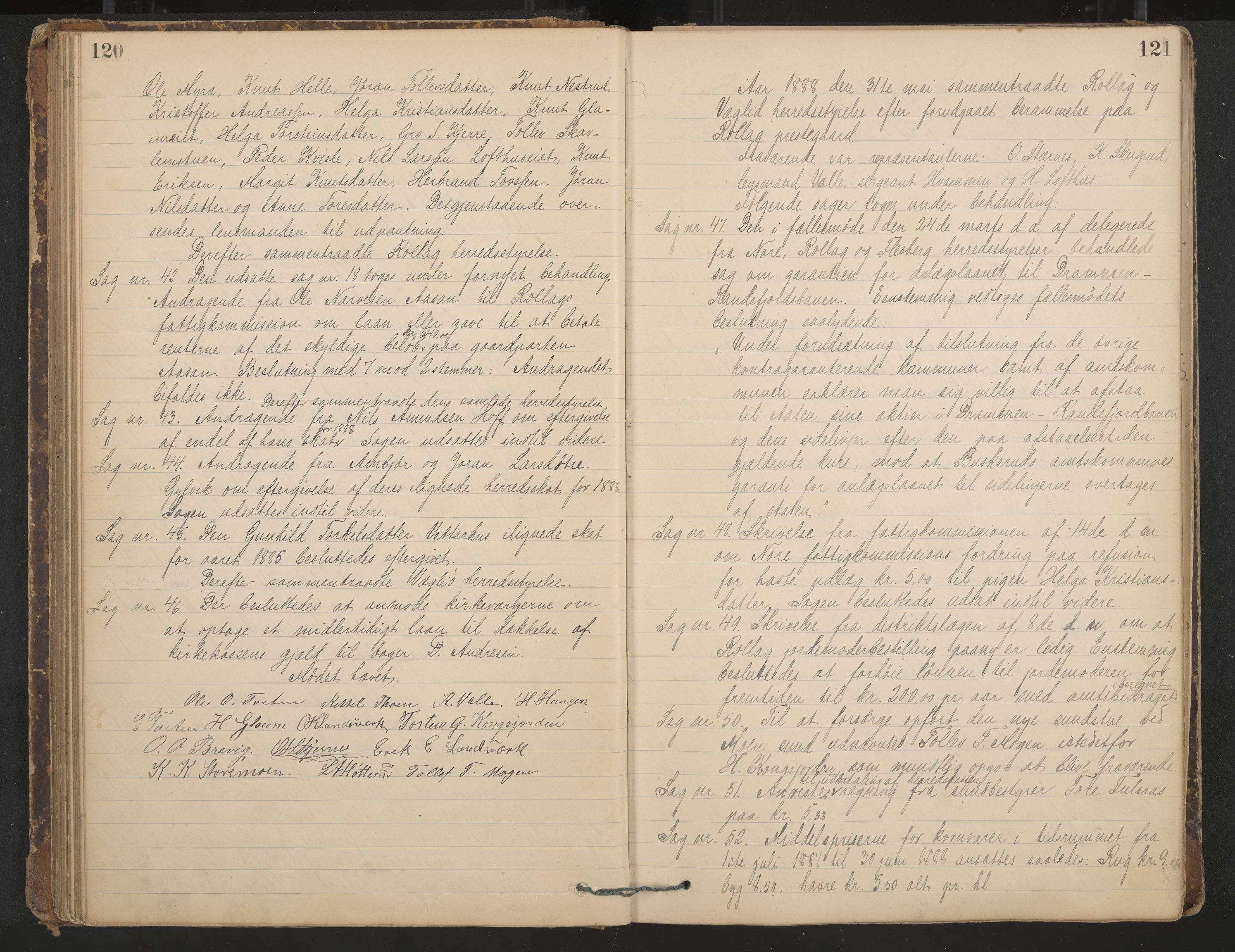 Rollag formannskap og sentraladministrasjon, IKAK/0632021-2/A/Aa/L0003: Møtebok, 1884-1897, p. 120-121