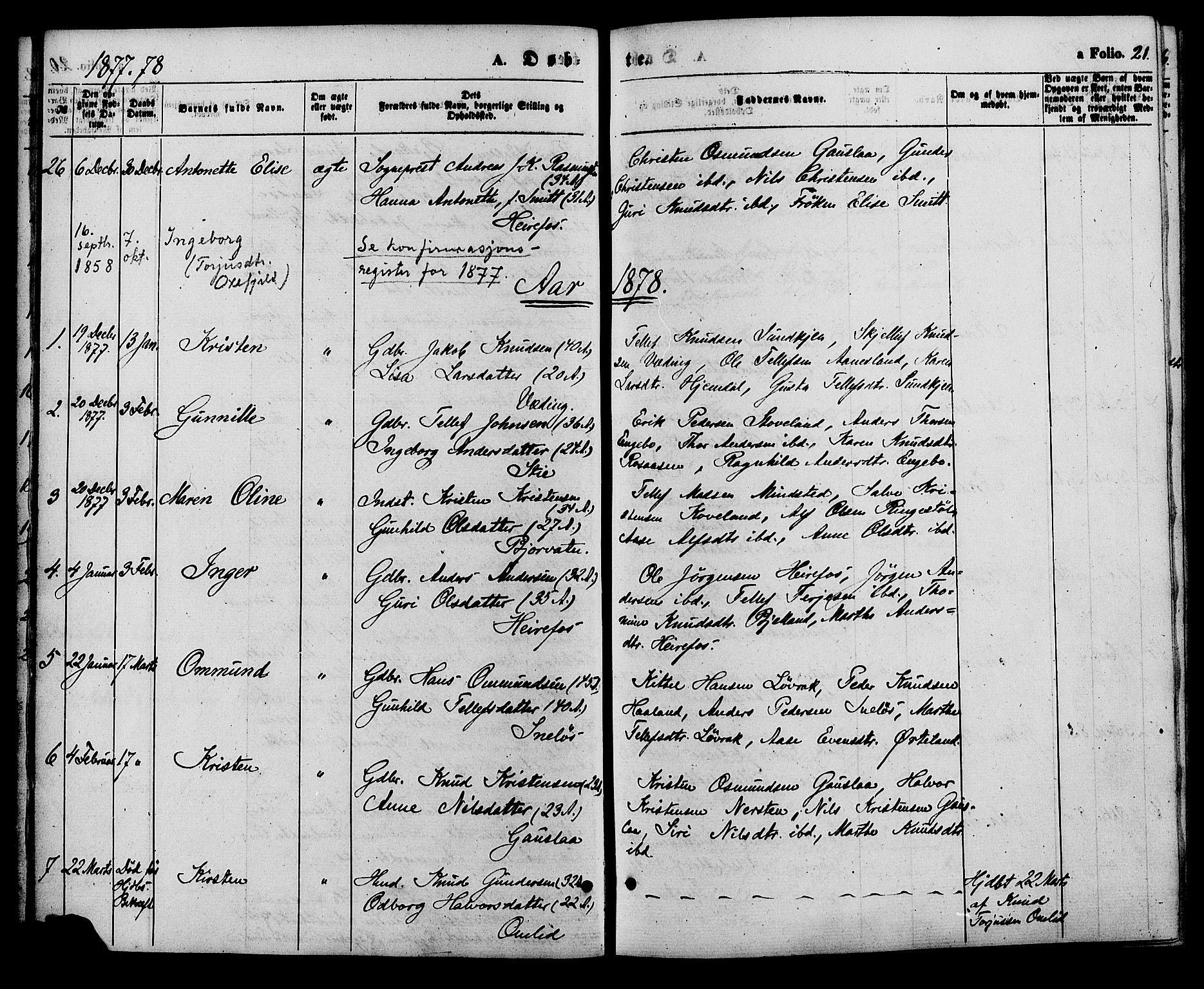 Herefoss sokneprestkontor, AV/SAK-1111-0019/F/Fa/Faa/L0002: Parish register (official) no. A 2, 1861-1886, p. 21