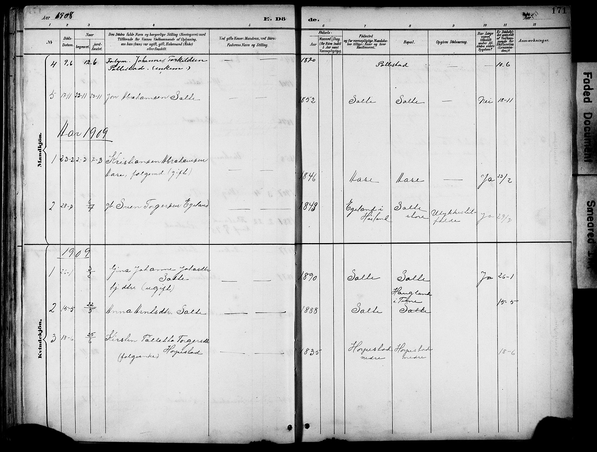 Klepp sokneprestkontor, SAST/A-101803/001/3/30BB/L0005: Parish register (copy) no. B 5, 1889-1918, p. 171