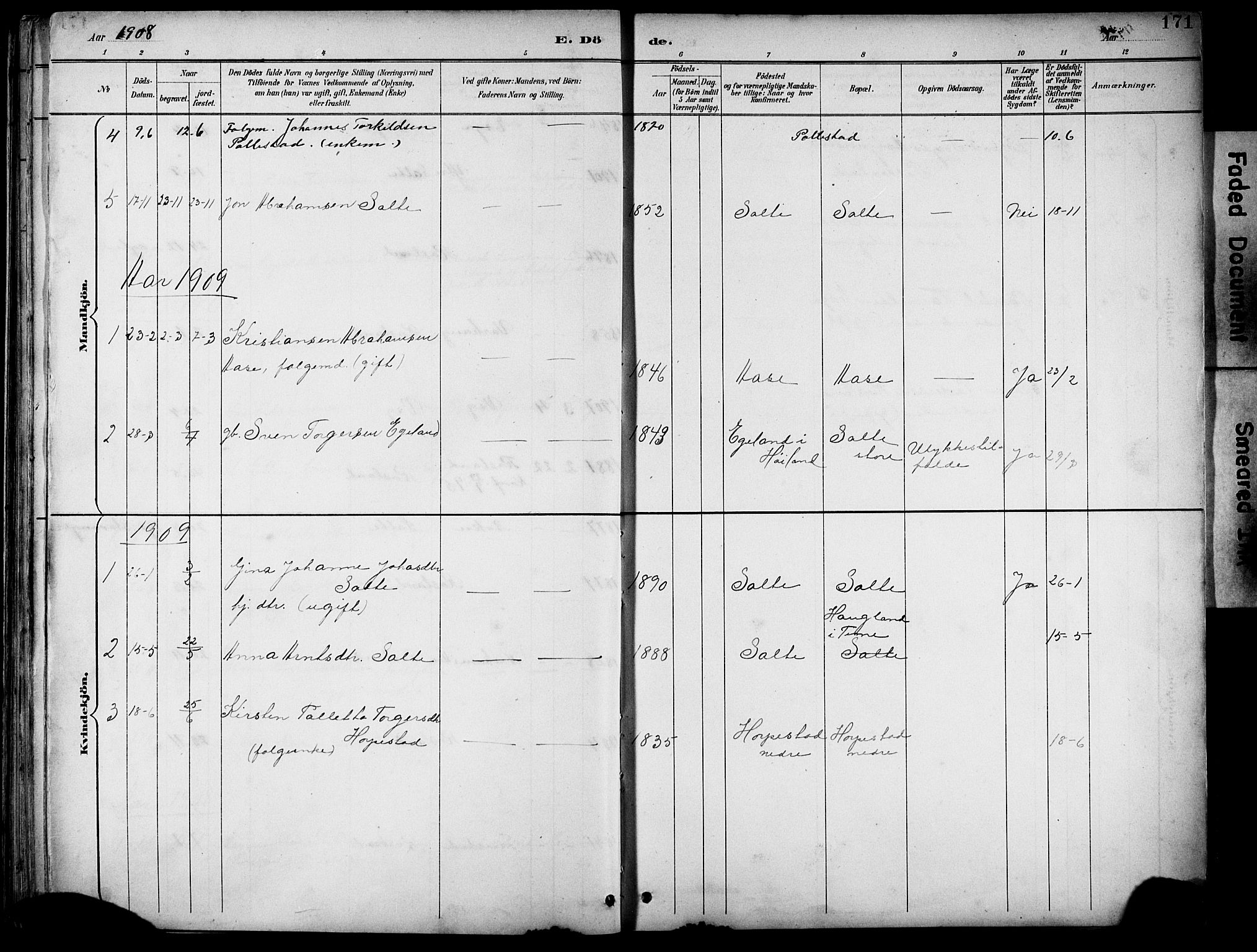 Klepp sokneprestkontor, AV/SAST-A-101803/001/3/30BB/L0005: Parish register (copy) no. B 5, 1889-1918, p. 171