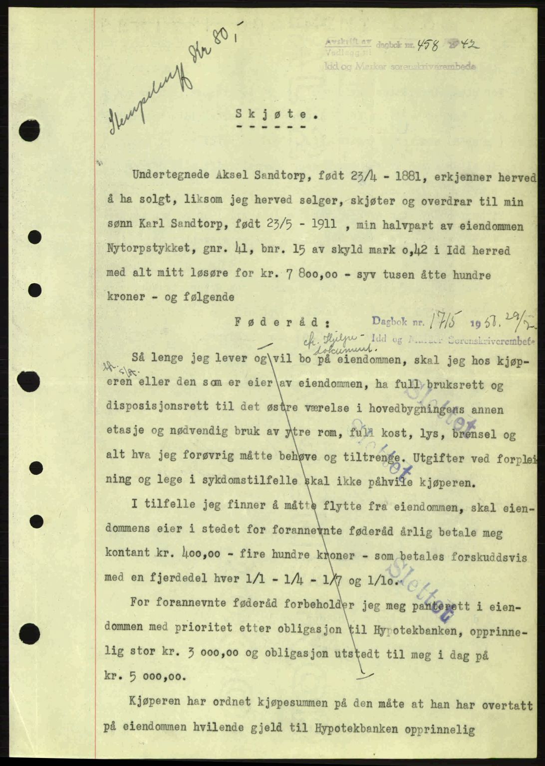 Idd og Marker sorenskriveri, AV/SAO-A-10283/G/Gb/Gbb/L0005: Mortgage book no. A5, 1941-1943, Diary no: : 458/1942