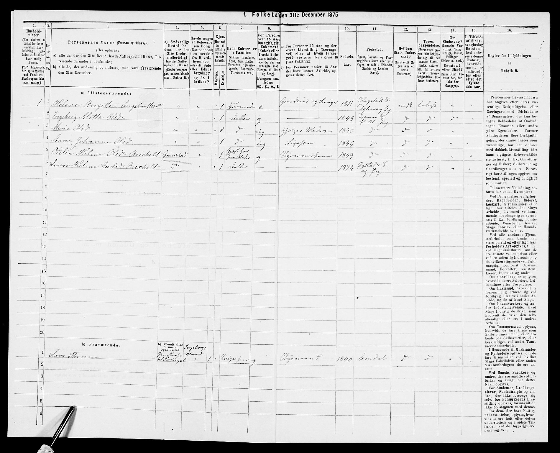 SAK, 1875 census for 0918P Austre Moland, 1875, p. 1165