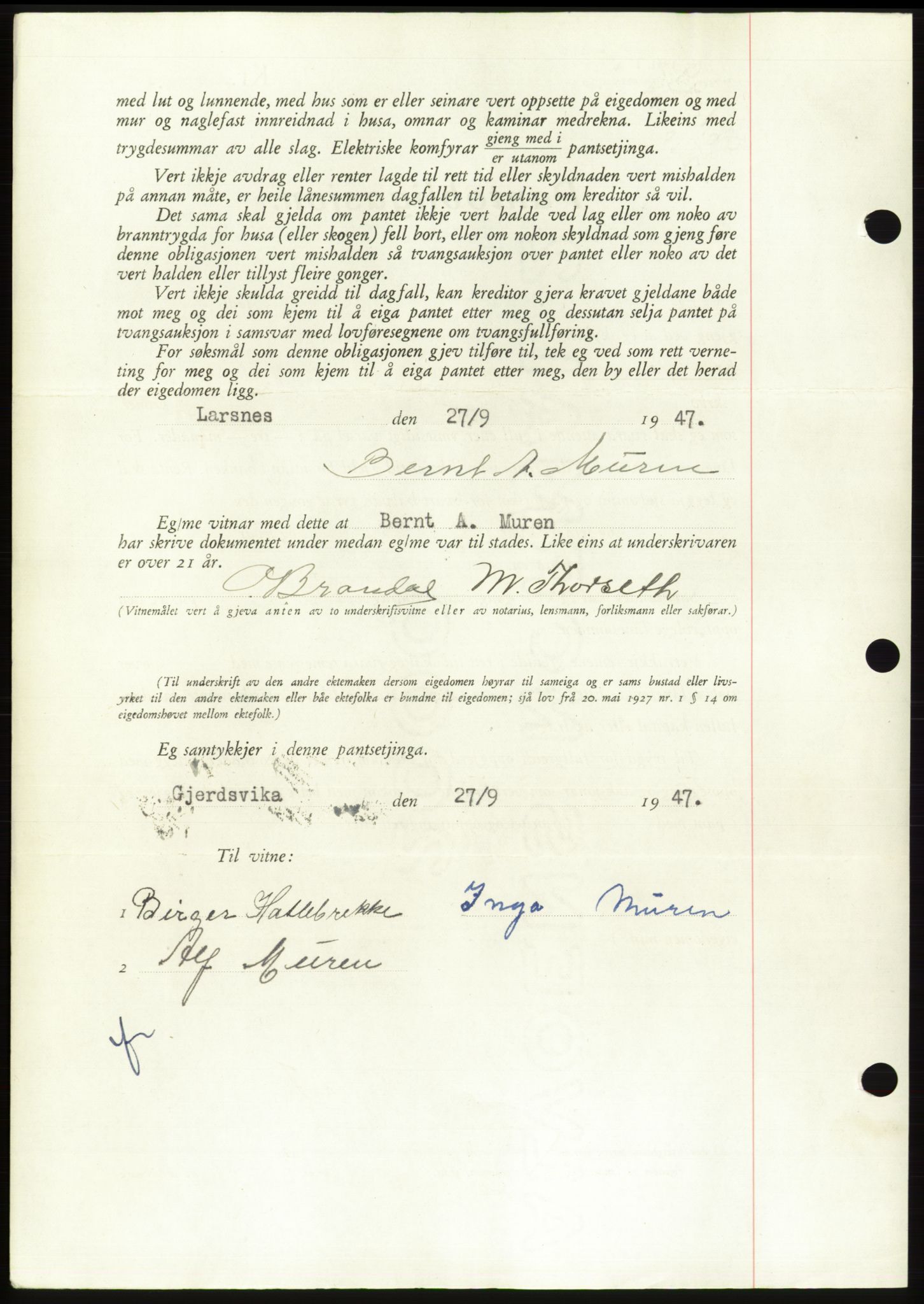 Søre Sunnmøre sorenskriveri, AV/SAT-A-4122/1/2/2C/L0115: Mortgage book no. 3B, 1947-1948, Diary no: : 1399/1947