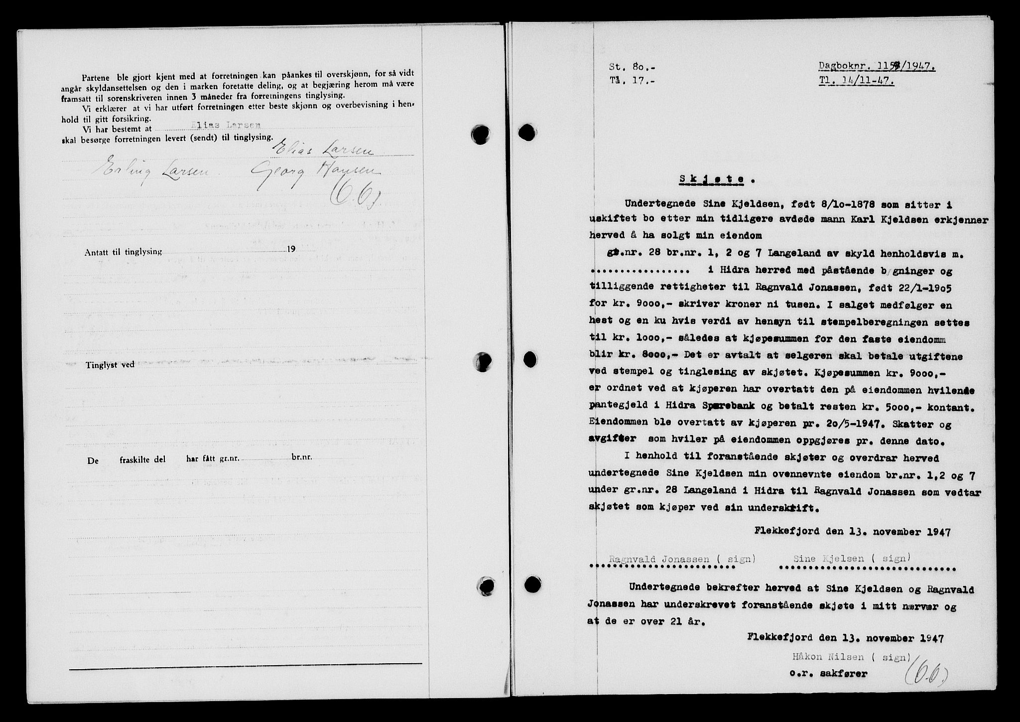 Flekkefjord sorenskriveri, SAK/1221-0001/G/Gb/Gba/L0063: Mortgage book no. A-11, 1947-1948, Diary no: : 1159/1947