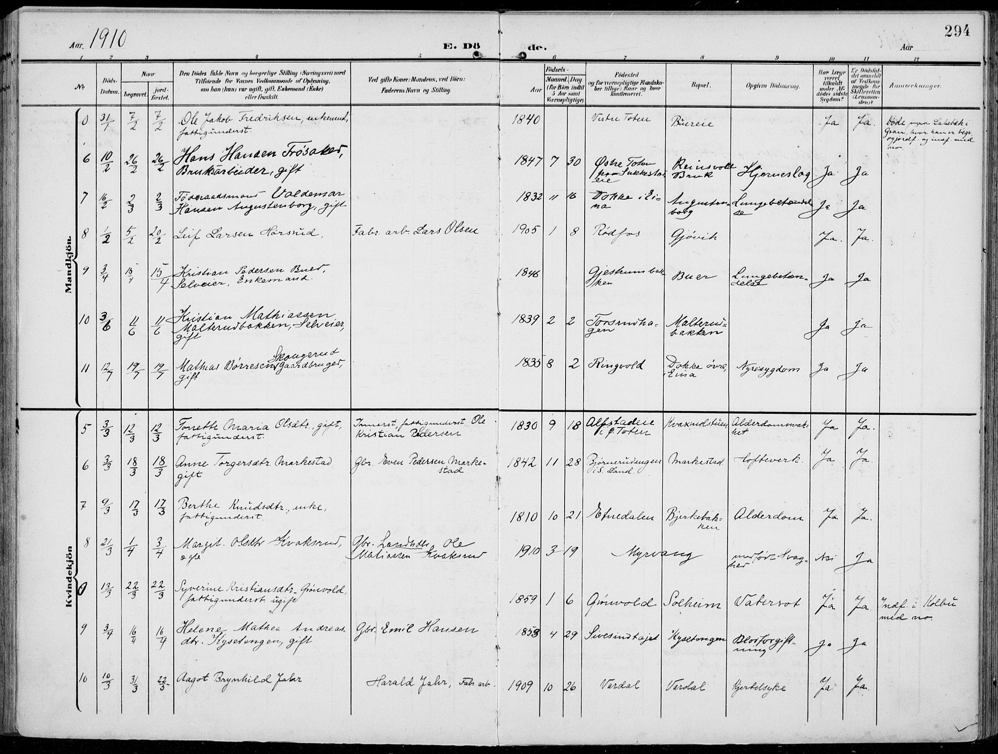 Vestre Toten prestekontor, AV/SAH-PREST-108/H/Ha/Haa/L0014: Parish register (official) no. 14, 1907-1920, p. 294