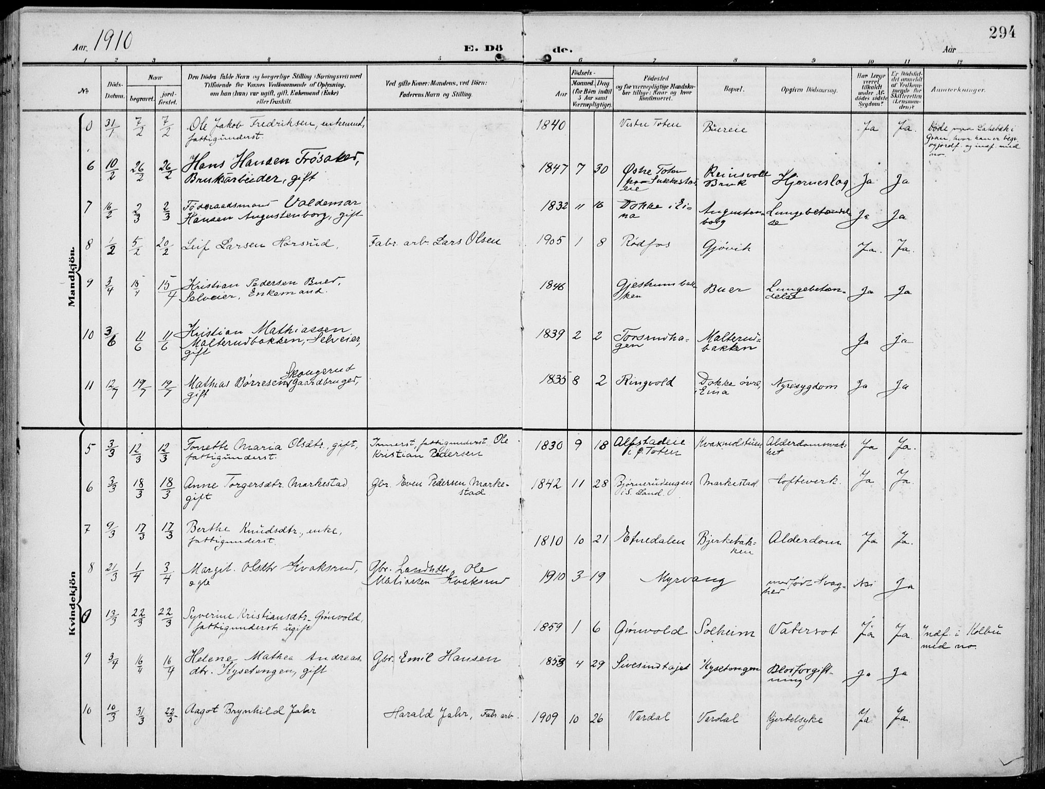 Vestre Toten prestekontor, SAH/PREST-108/H/Ha/Haa/L0014: Parish register (official) no. 14, 1907-1920, p. 294