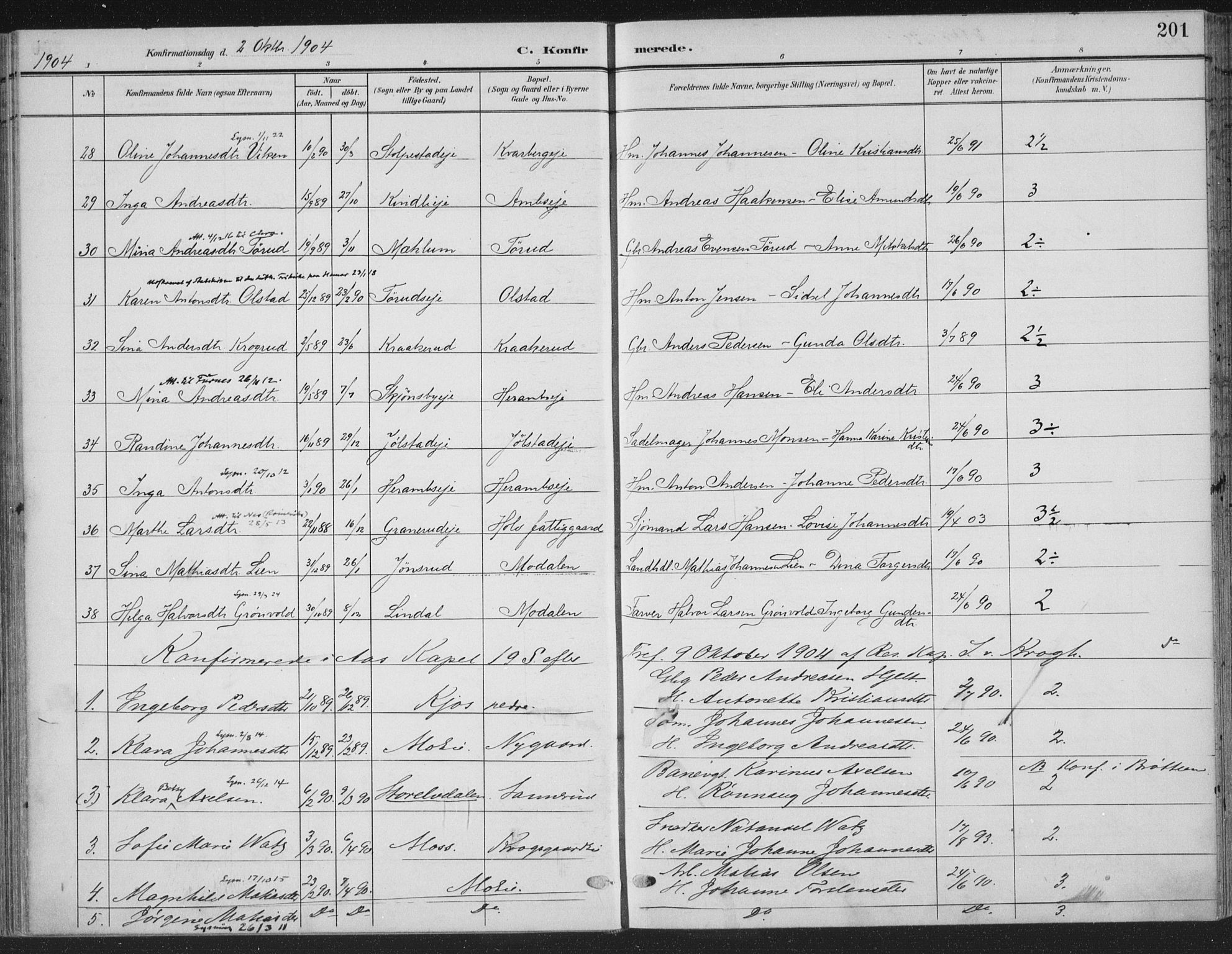 Ringsaker prestekontor, AV/SAH-PREST-014/K/Ka/L0018: Parish register (official) no. 18, 1903-1912, p. 201