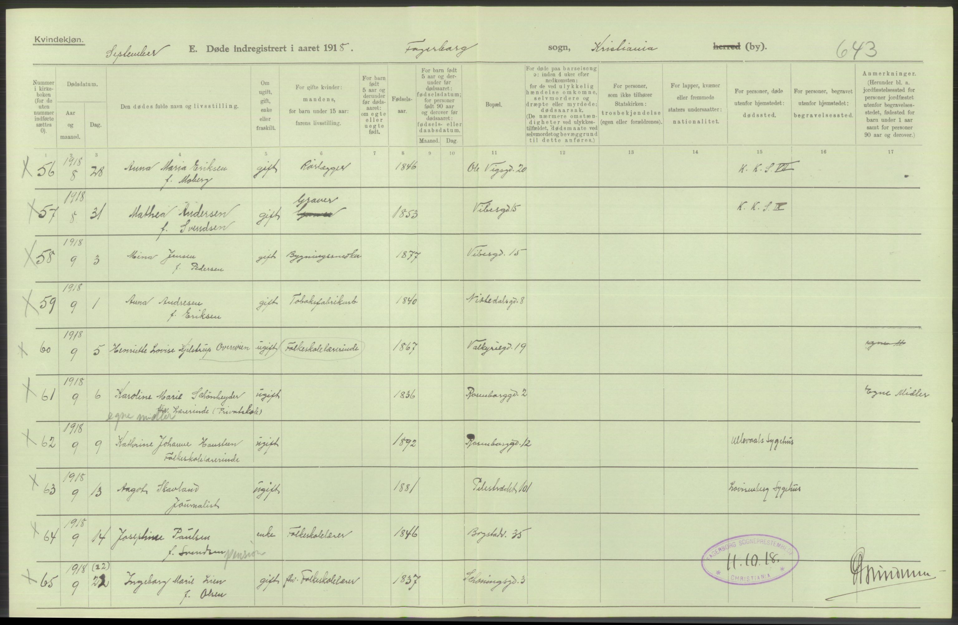 Statistisk sentralbyrå, Sosiodemografiske emner, Befolkning, AV/RA-S-2228/D/Df/Dfb/Dfbh/L0010: Kristiania: Døde, 1918, p. 290