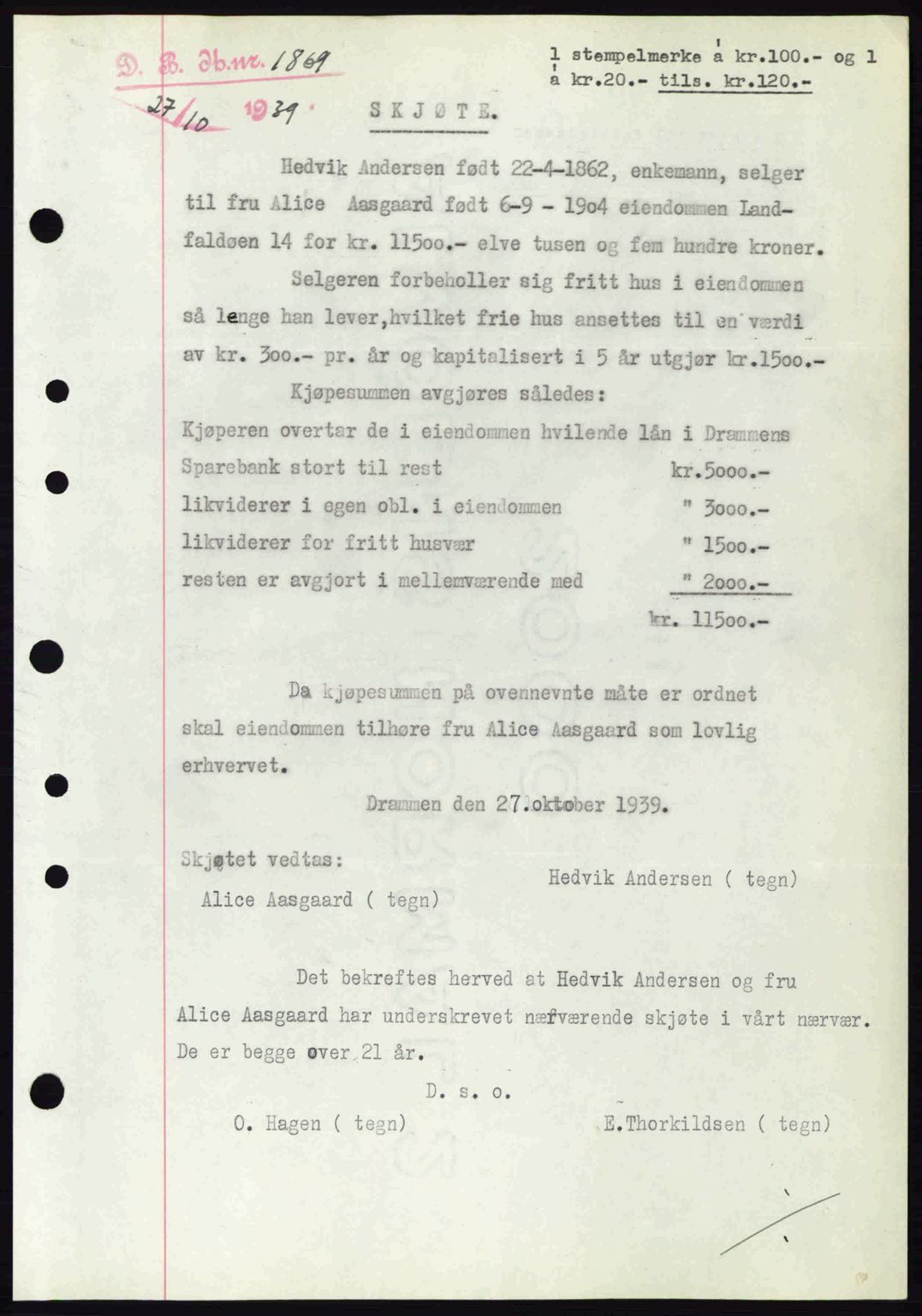 Drammen byfogd, SAKO/A-222/G/Ga/Gac/L0058: Mortgage book no. A12, 1939-1942, Diary no: : 1869/1939