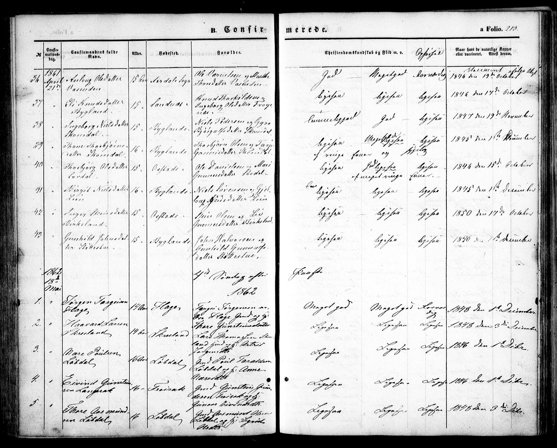 Bygland sokneprestkontor, AV/SAK-1111-0006/F/Fa/Fab/L0005: Parish register (official) no. A 5, 1859-1873, p. 213