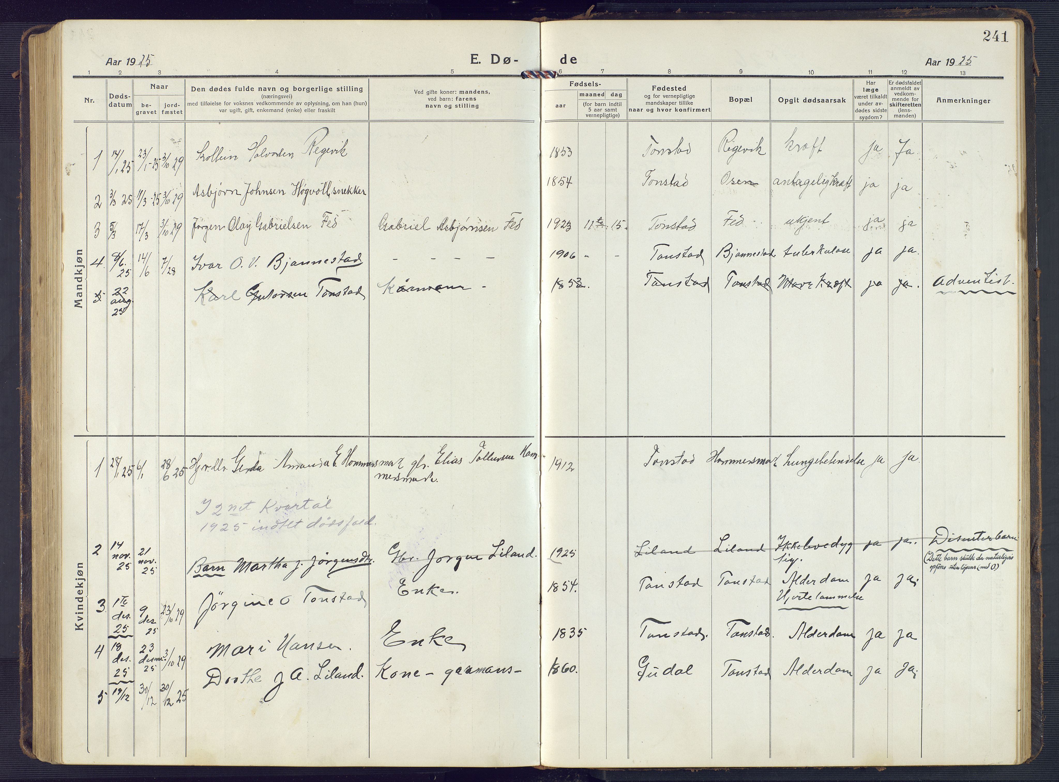 Sirdal sokneprestkontor, SAK/1111-0036/F/Fb/Fbb/L0005: Parish register (copy) no. B 5, 1916-1960, p. 241