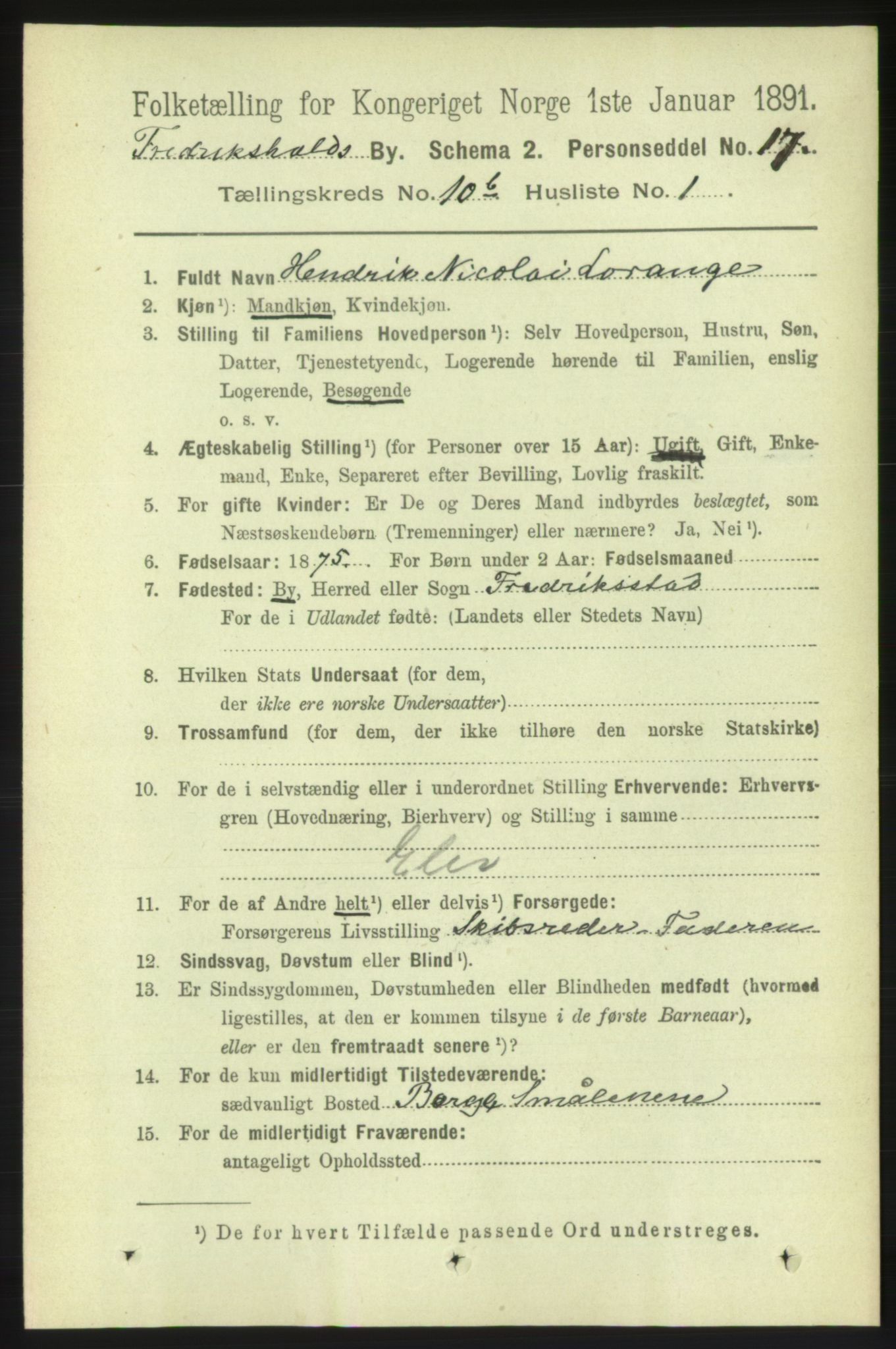 RA, 1891 census for 0101 Fredrikshald, 1891, p. 7364