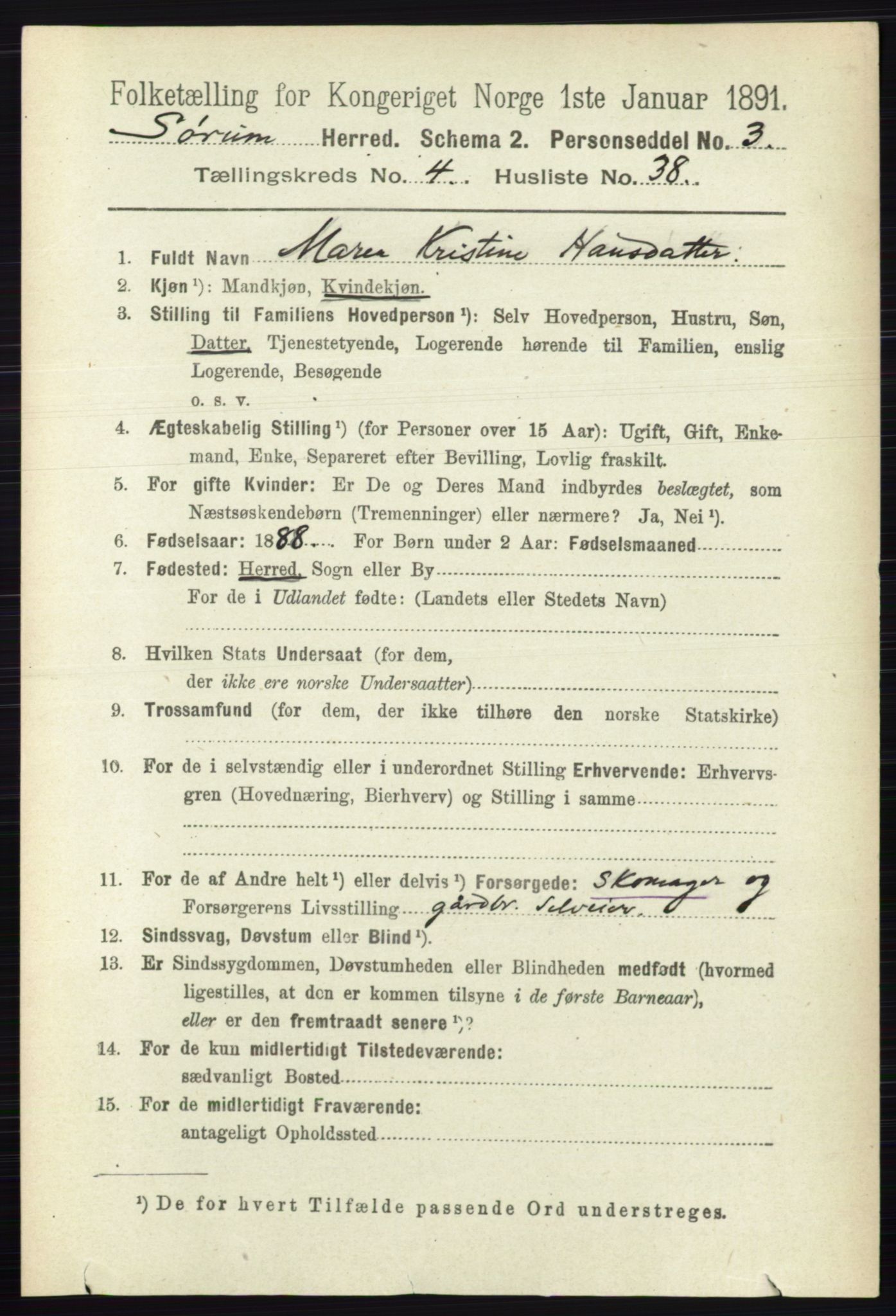 RA, 1891 census for 0226 Sørum, 1891, p. 2100