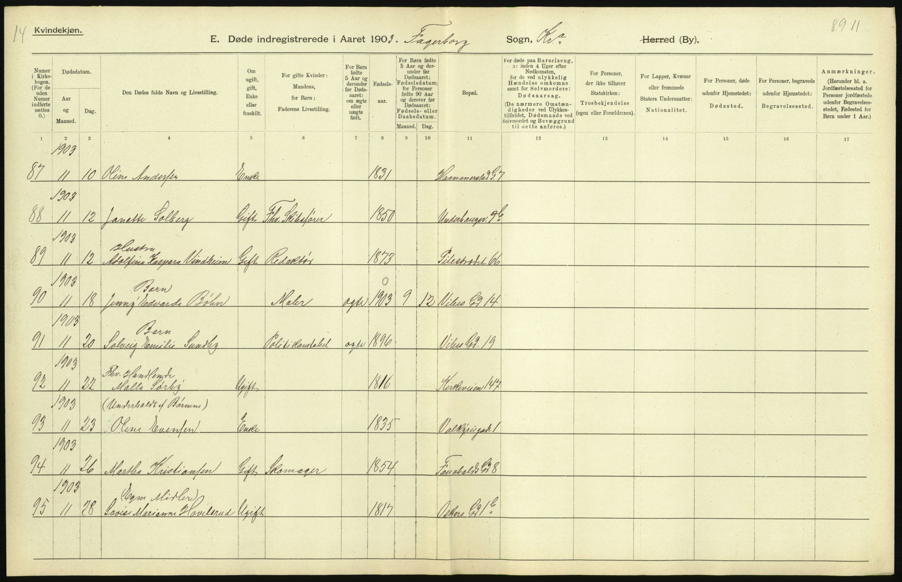 Statistisk sentralbyrå, Sosiodemografiske emner, Befolkning, AV/RA-S-2228/D/Df/Dfa/Dfaa/L0004: Kristiania: Gifte, døde, 1903, p. 29