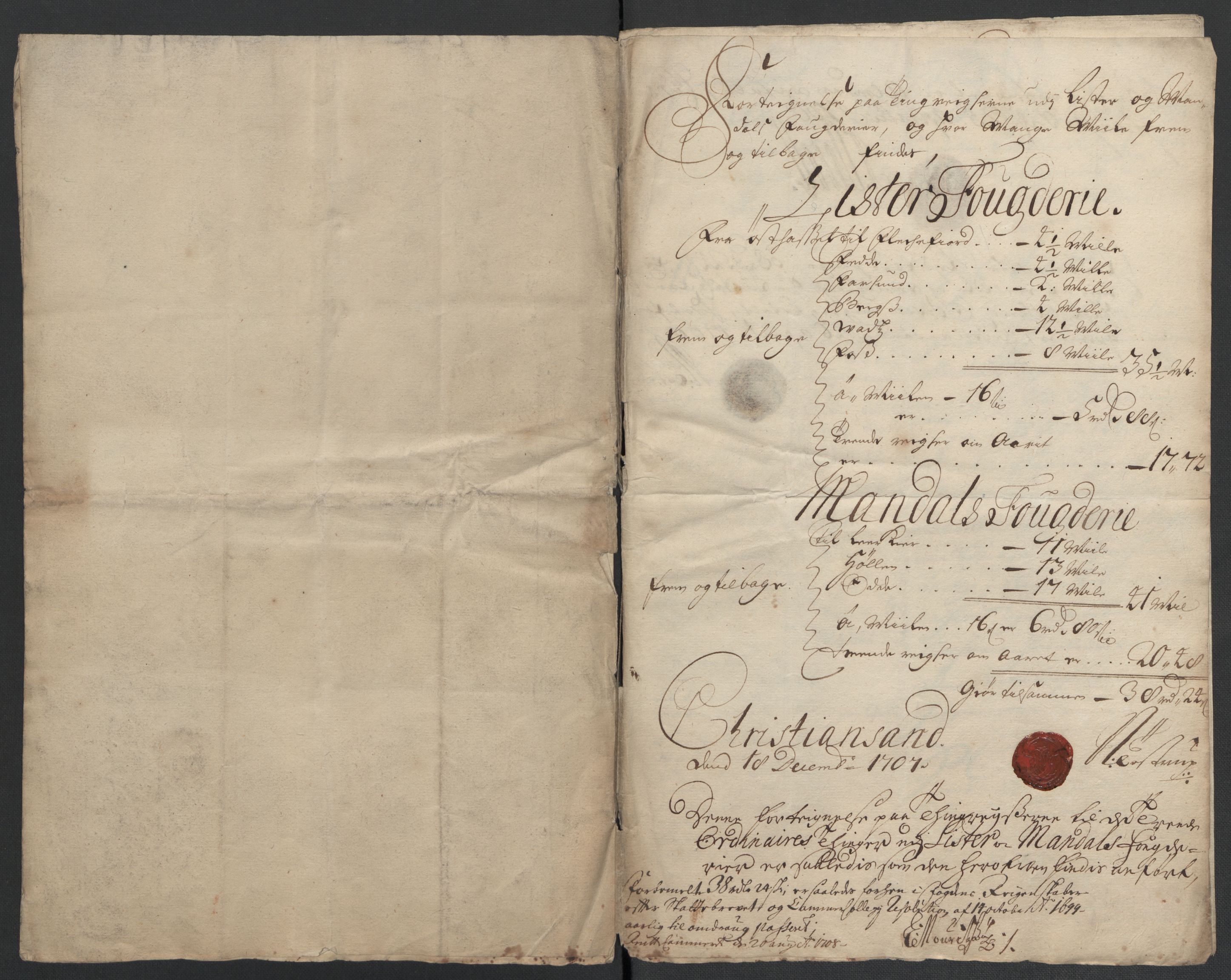 Rentekammeret inntil 1814, Reviderte regnskaper, Fogderegnskap, RA/EA-4092/R43/L2551: Fogderegnskap Lista og Mandal, 1705-1709, p. 575