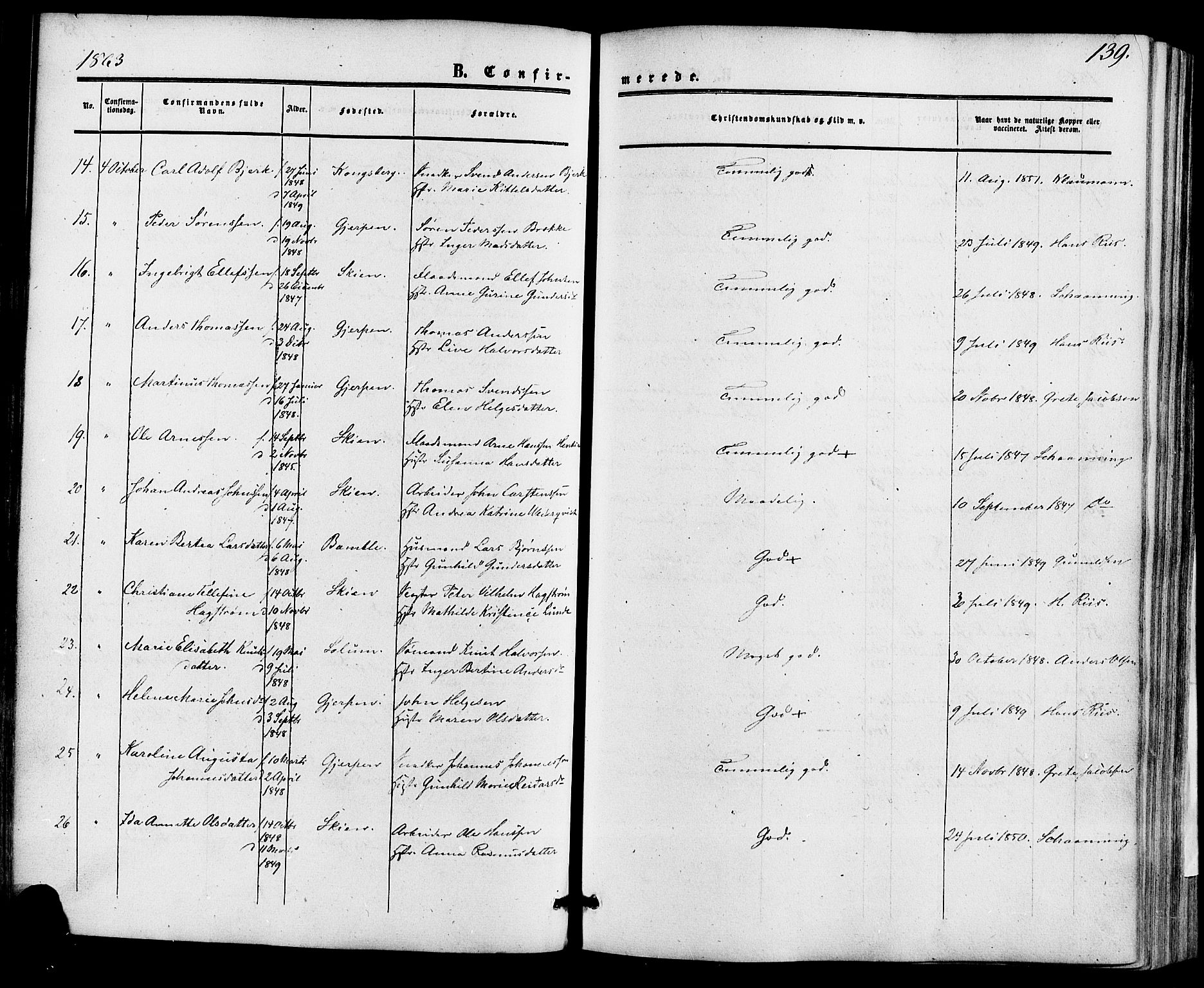 Skien kirkebøker, AV/SAKO-A-302/F/Fa/L0007: Parish register (official) no. 7, 1856-1865, p. 139